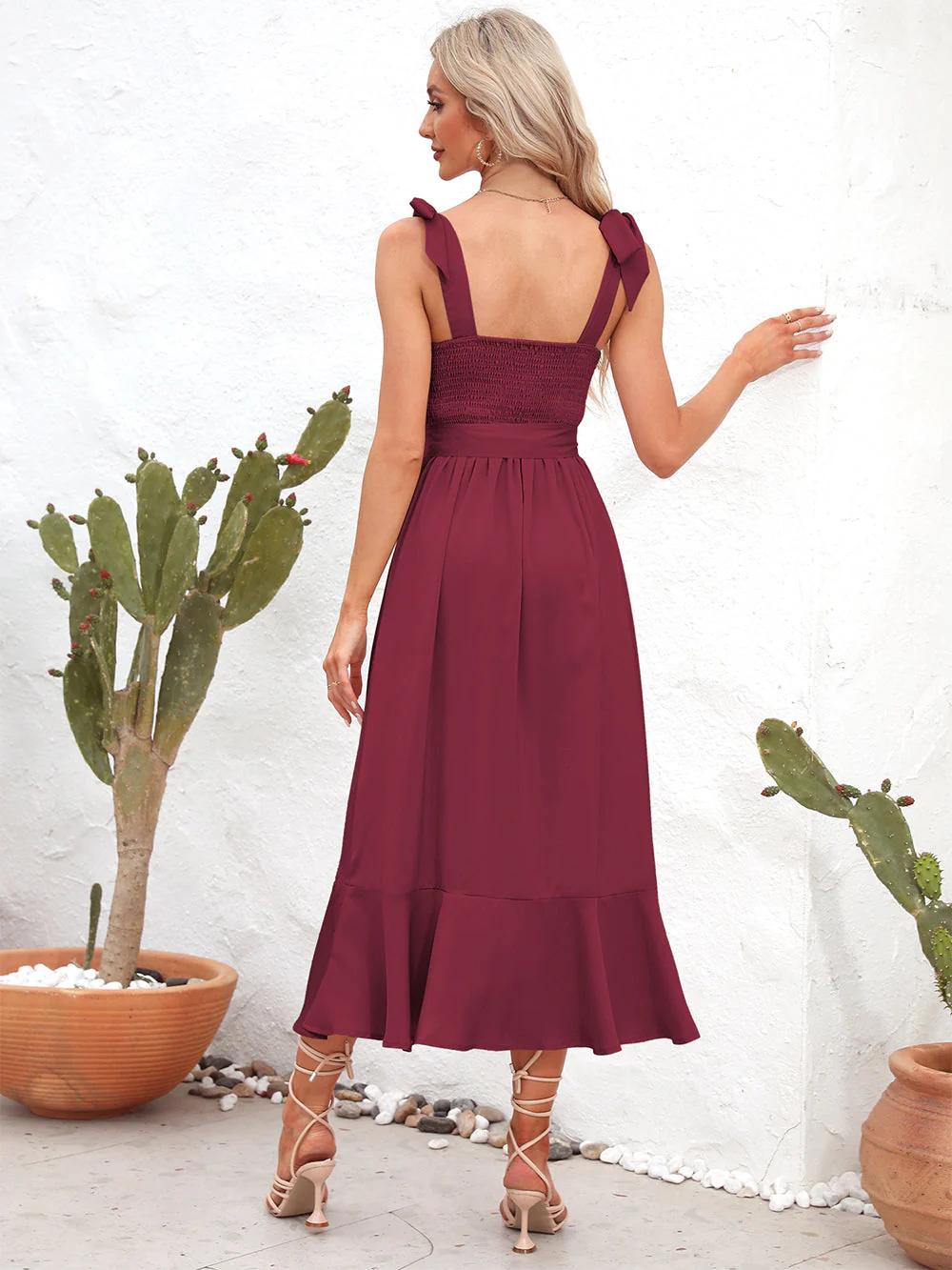 Square Neck Tie Strap Midi Dress - Image 9