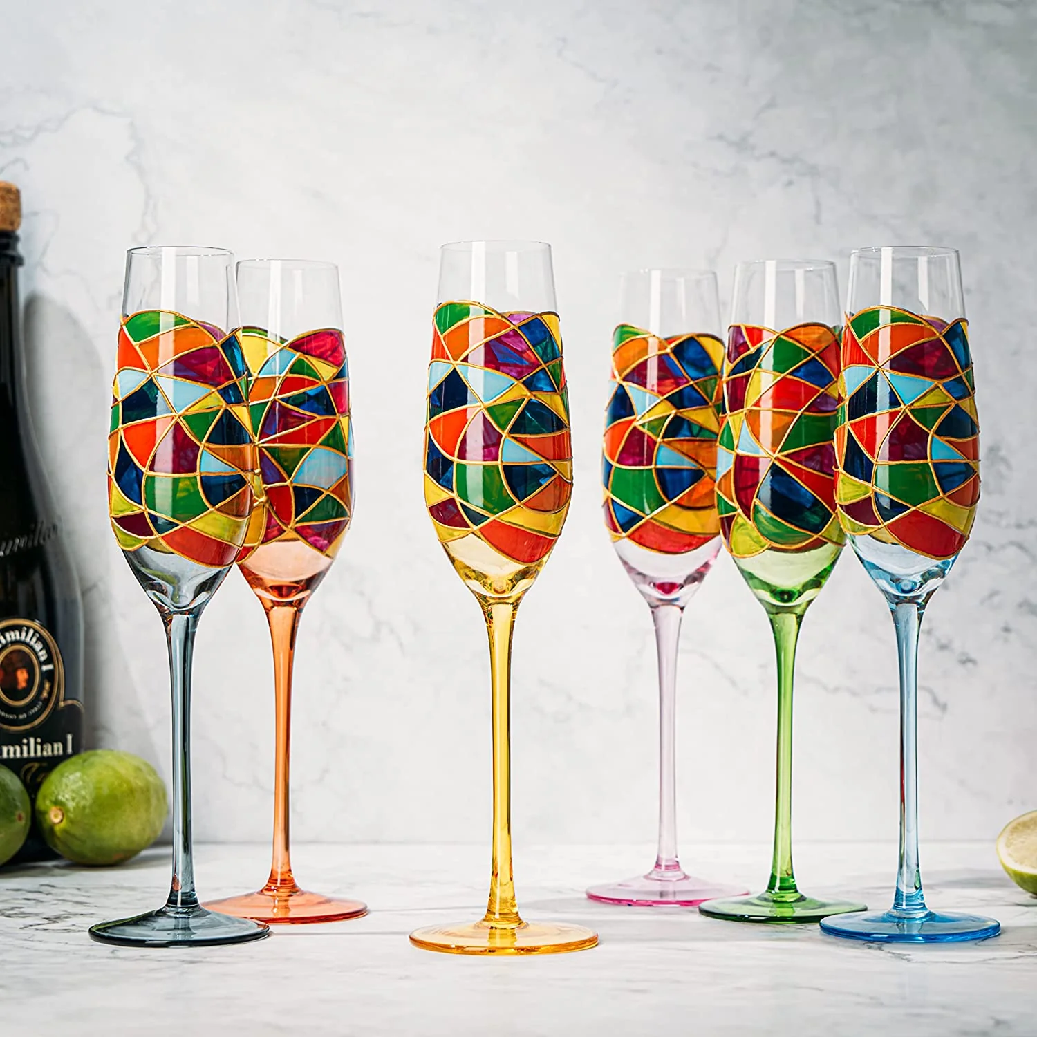 Stained Glass Champagne Flutes Set of 6 Hand Painted - Wine Savant - Hand Blown 7 Ounce Colorful Renaissance Champagne Glasses - 10.2" Tall, 2.7" Diameter Rainbow Multicolor Design Glassware by The Wine Savant - Image 2