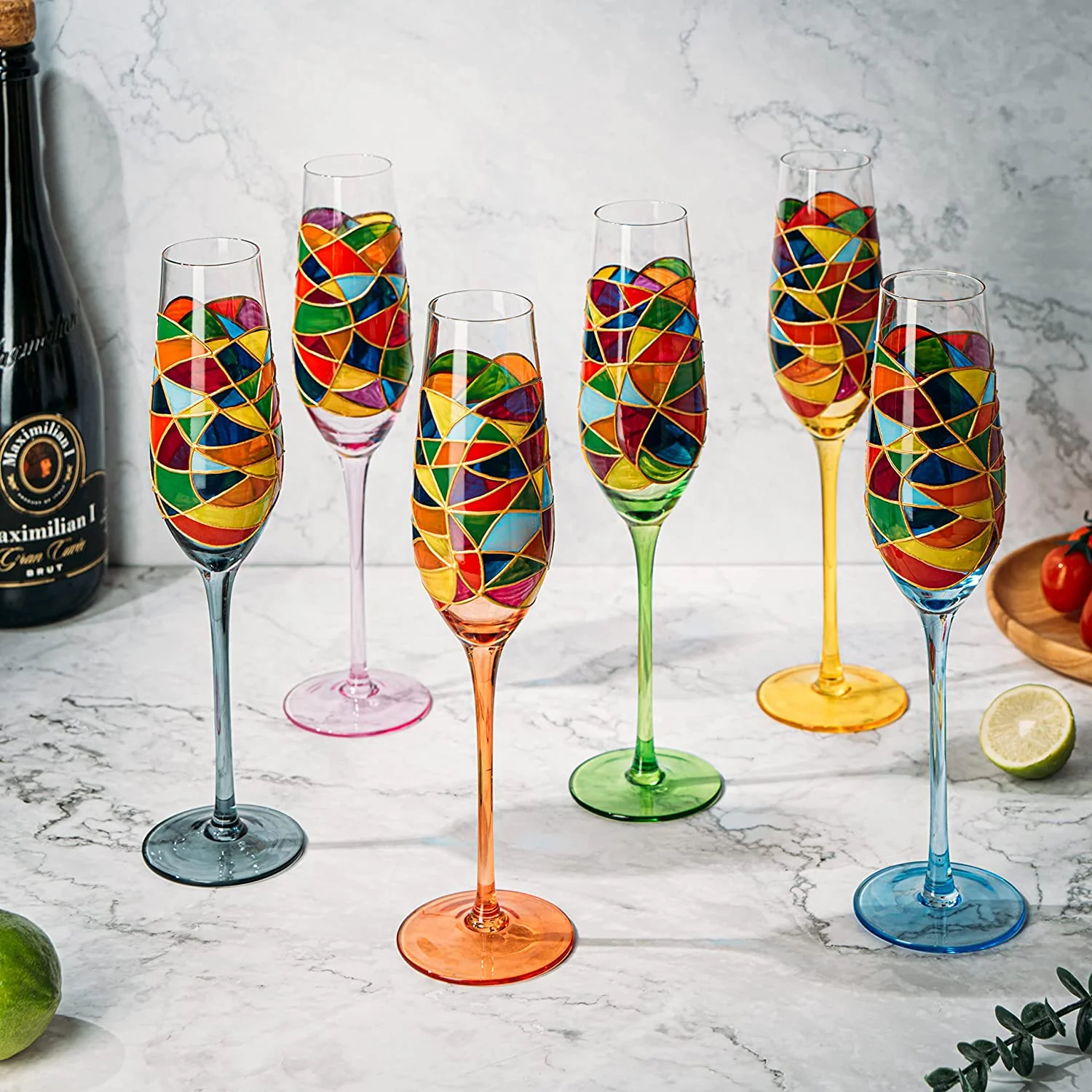 Stained Glass Champagne Flutes Set of 6 Hand Painted - Wine Savant - Hand Blown 7 Ounce Colorful Renaissance Champagne Glasses - 10.2" Tall, 2.7" Diameter Rainbow Multicolor Design Glassware by The Wine Savant - Image 3