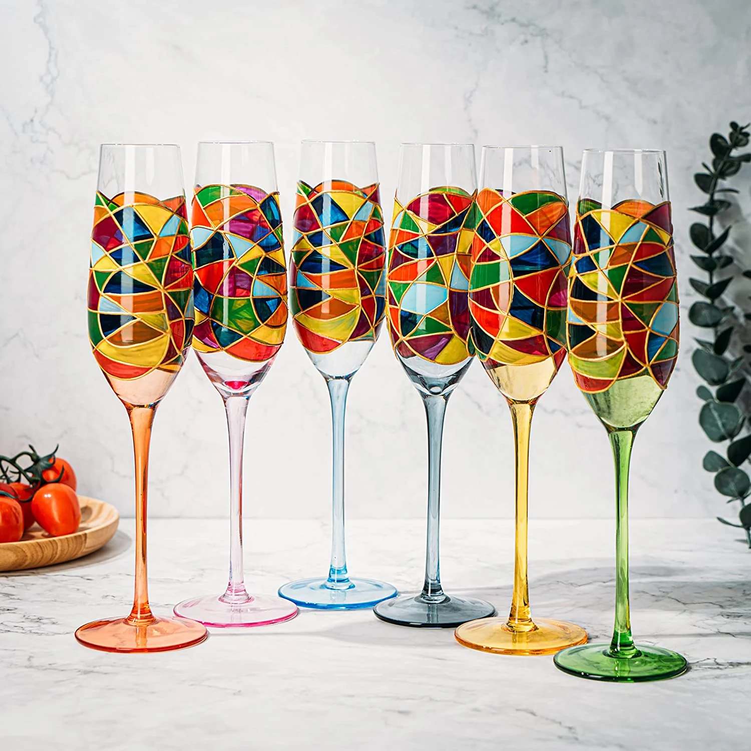 Stained Glass Champagne Flutes Set of 6 Hand Painted - Wine Savant - Hand Blown 7 Ounce Colorful Renaissance Champagne Glasses - 10.2" Tall, 2.7" Diameter Rainbow Multicolor Design Glassware by The Wine Savant - Image 4