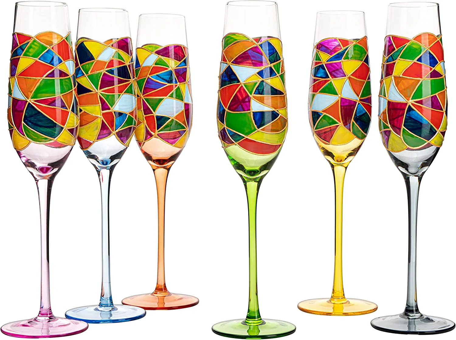 Stained Glass Champagne Flutes Set of 6 Hand Painted - Wine Savant - Hand Blown 7 Ounce Colorful Renaissance Champagne Glasses - 10.2" Tall, 2.7" Diameter Rainbow Multicolor Design Glassware by The Wine Savant - Image 5