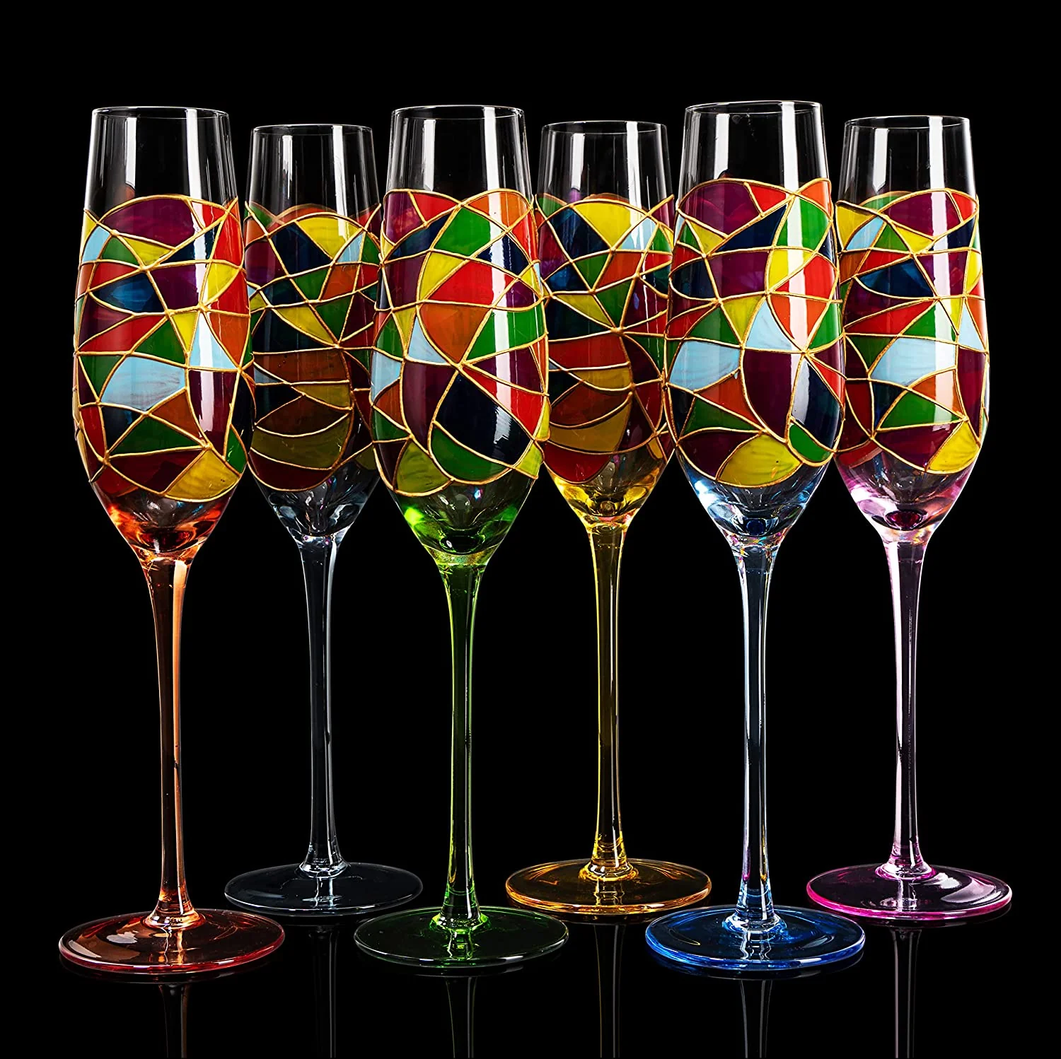 Stained Glass Champagne Flutes Set of 6 Hand Painted - Wine Savant - Hand Blown 7 Ounce Colorful Renaissance Champagne Glasses - 10.2" Tall, 2.7" Diameter Rainbow Multicolor Design Glassware by The Wine Savant - Image 6
