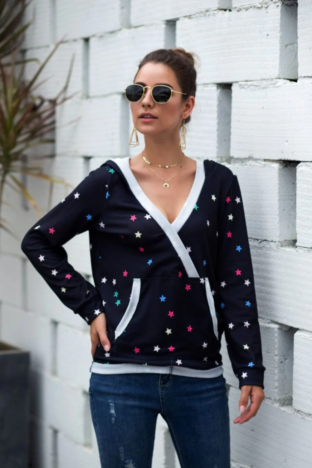 Star Print Kangaroo Pocket Hoodie - Image 3