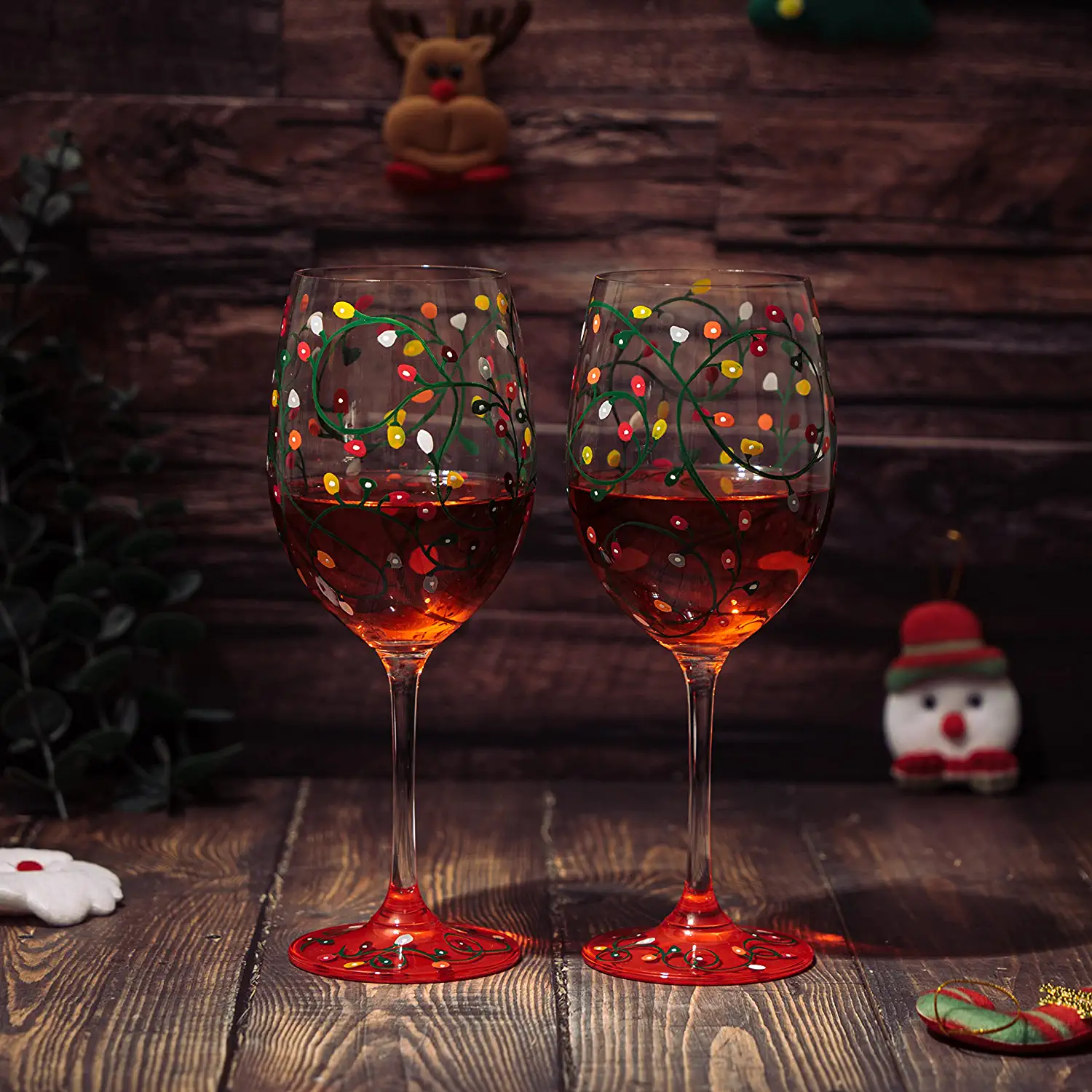 Stemmed Christmas Lights Wine Glasses Set of 2 - Hand Painted Wine Glass Ornament Light Bulbs Glasses, Perfect for Wine, Champagne, Holiday Parties and Festivities - 9.5" High, 21 oz Capacity by The Wine Savant - Image 2