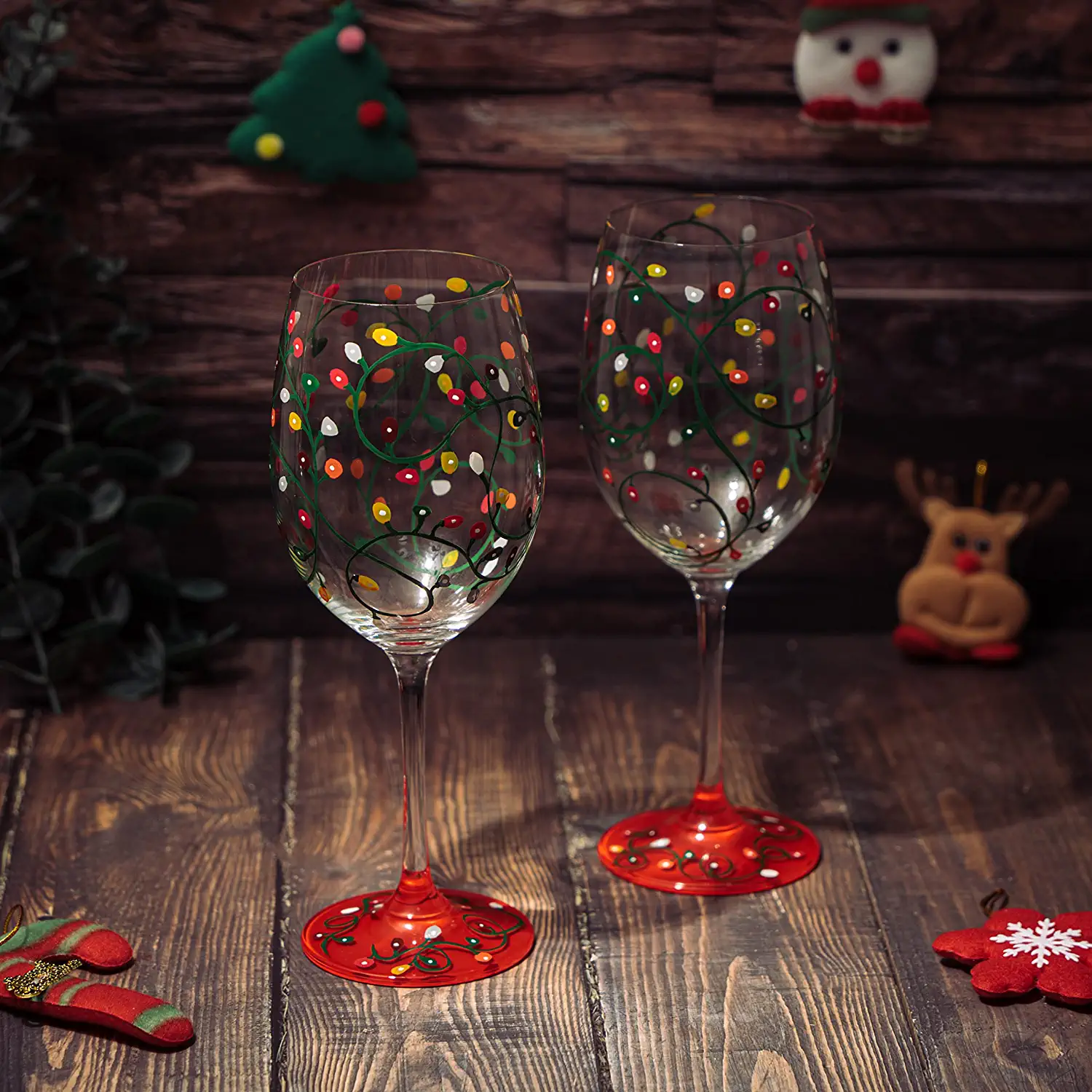 Stemmed Christmas Lights Wine Glasses Set of 2 - Hand Painted Wine Glass Ornament Light Bulbs Glasses, Perfect for Wine, Champagne, Holiday Parties and Festivities - 9.5" High, 21 oz Capacity by The Wine Savant - Image 3