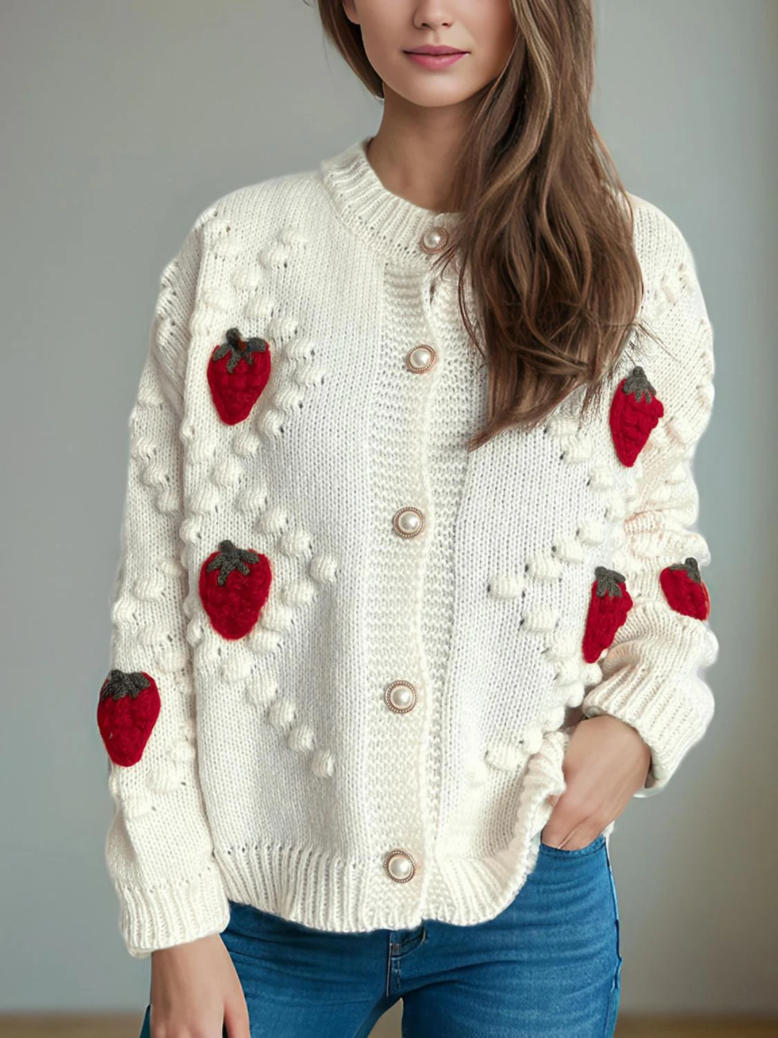 Strawberry Button Down Long Sleeve Cardigan - Image 4
