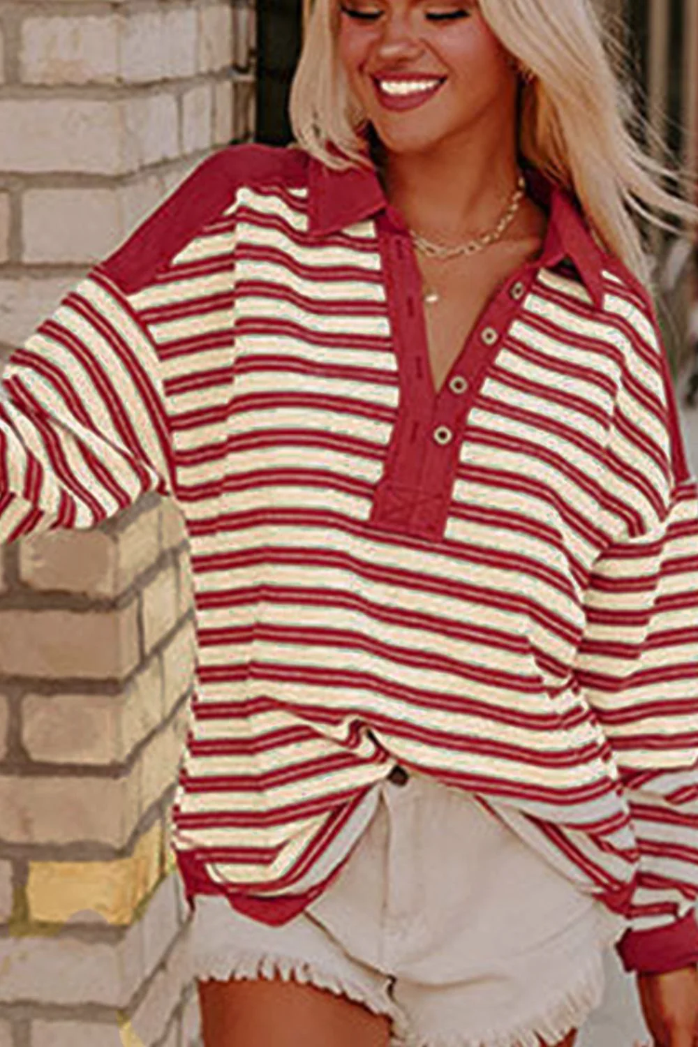 Stripe Johnny Collar Drop Shoulder Sweatshirt - Image 4