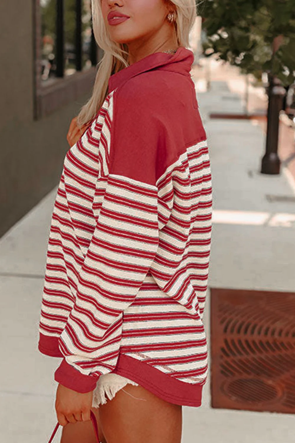 Stripe Johnny Collar Drop Shoulder Sweatshirt - Image 5