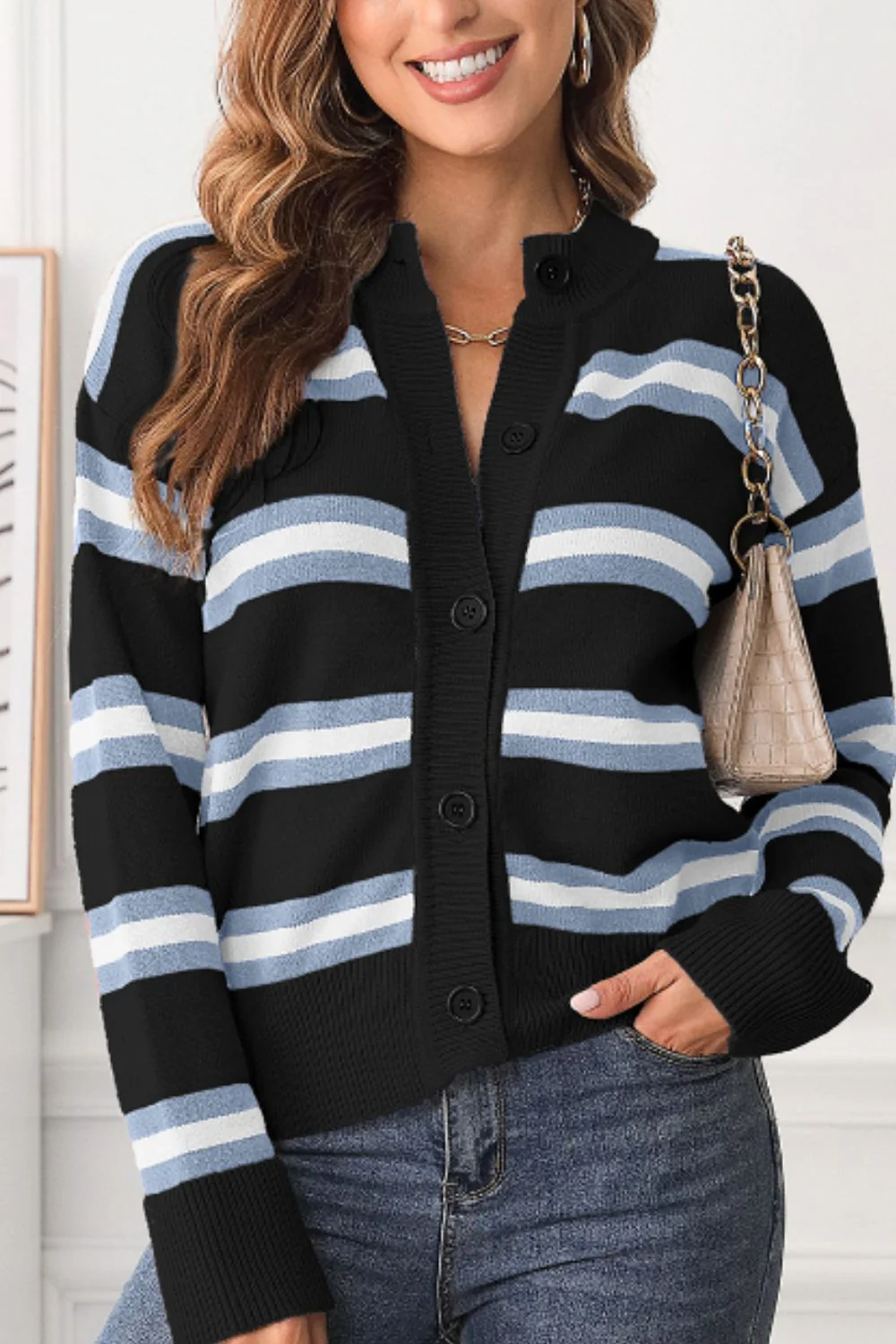 Striped Button Down Long Sleeve Cardigan - Image 15