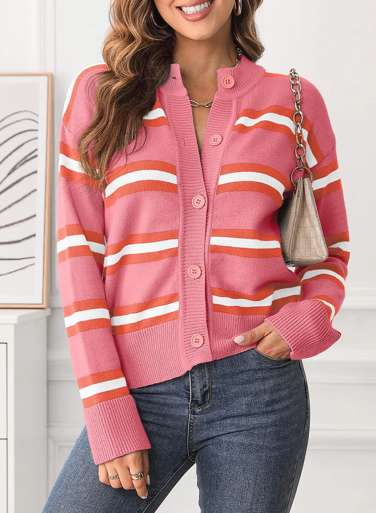 Striped Button Down Long Sleeve Cardigan - Image 21