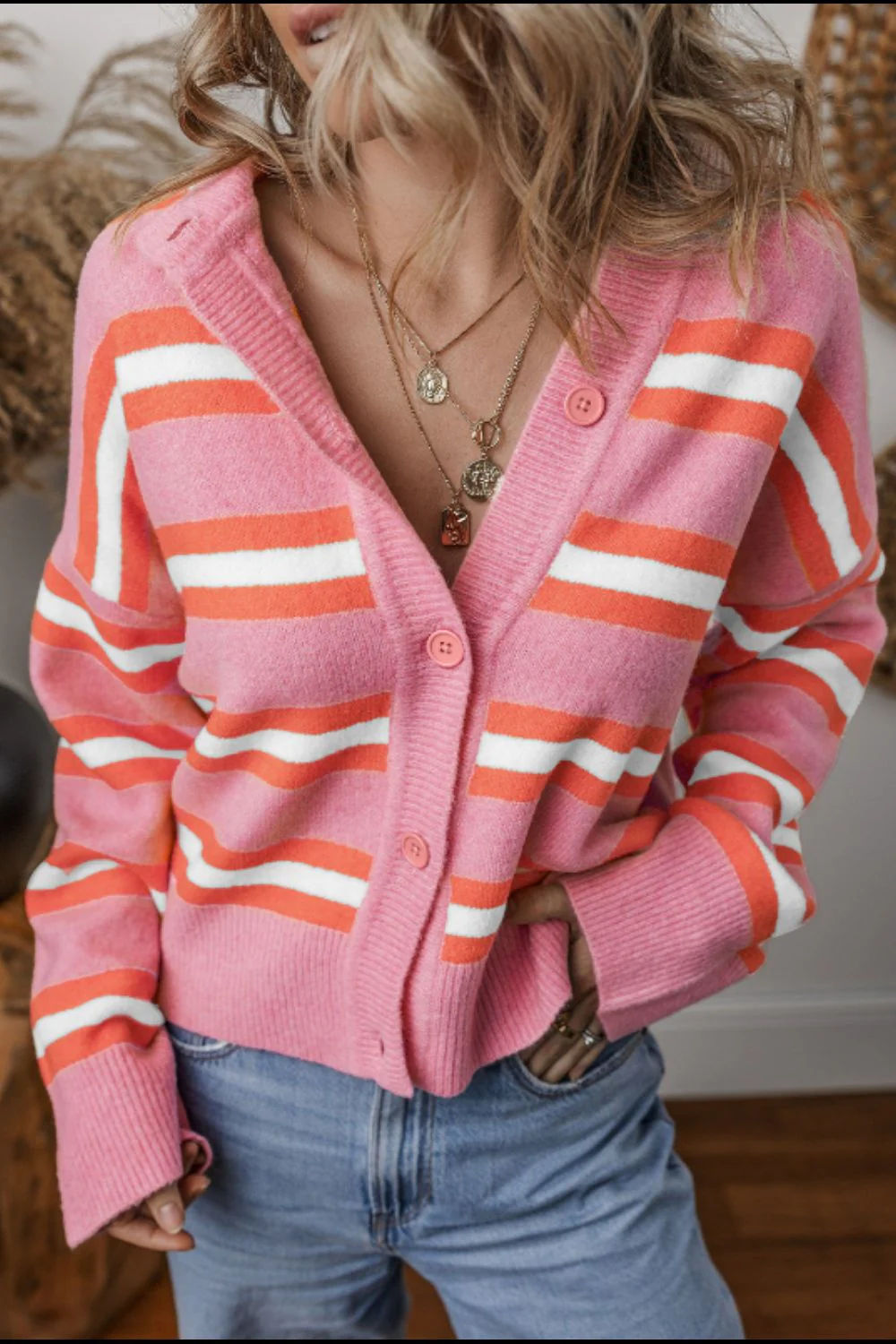 Striped Button Down Long Sleeve Cardigan - Image 4