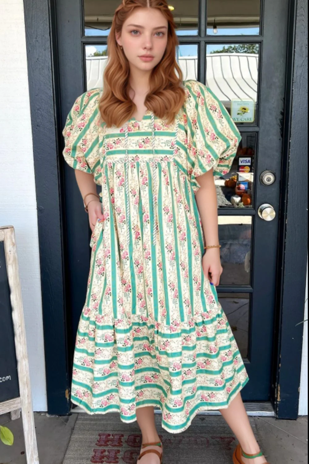 Striped Floral Print Tie Neck Puff Sleeve Midi Dress - Image 2