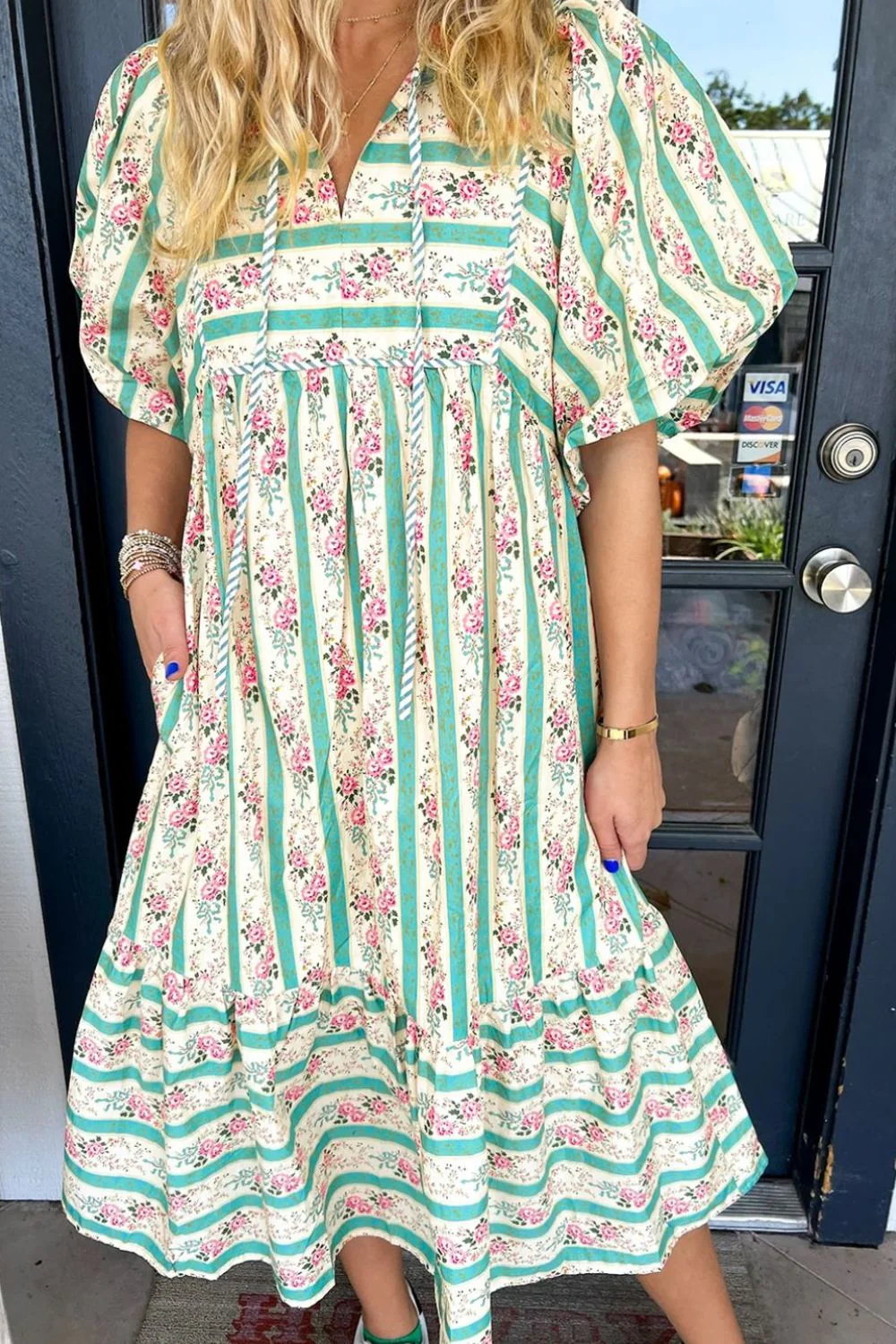 Striped Floral Print Tie Neck Puff Sleeve Midi Dress - Image 3