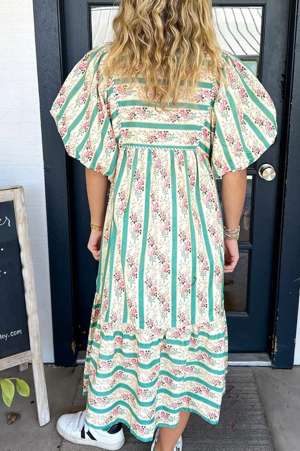 Striped Floral Print Tie Neck Puff Sleeve Midi Dress - Image 4
