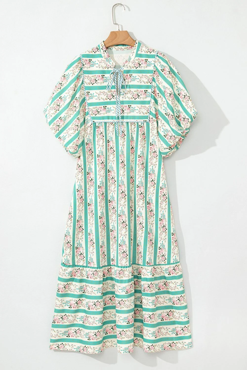 Striped Floral Print Tie Neck Puff Sleeve Midi Dress - Image 5