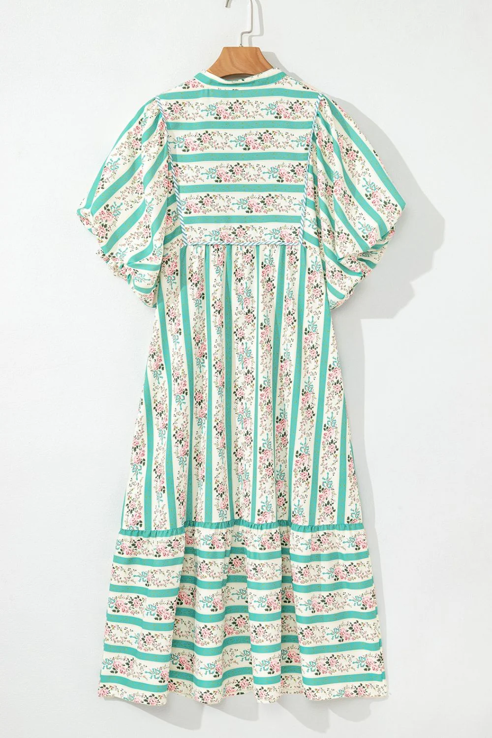 Striped Floral Print Tie Neck Puff Sleeve Midi Dress - Image 6