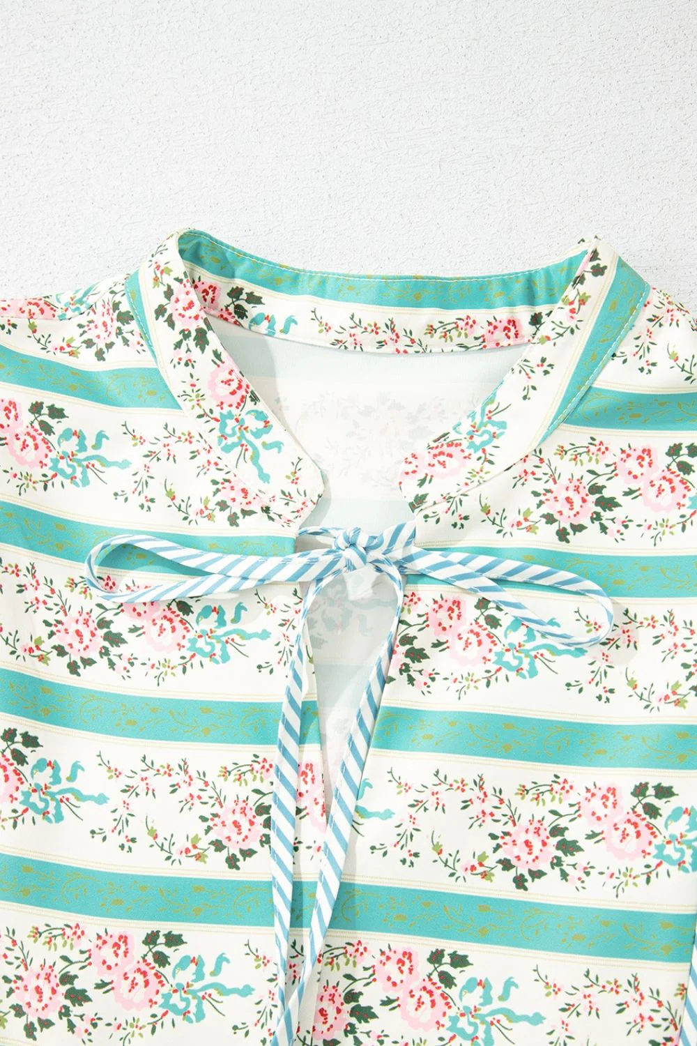 Striped Floral Print Tie Neck Puff Sleeve Midi Dress - Image 7