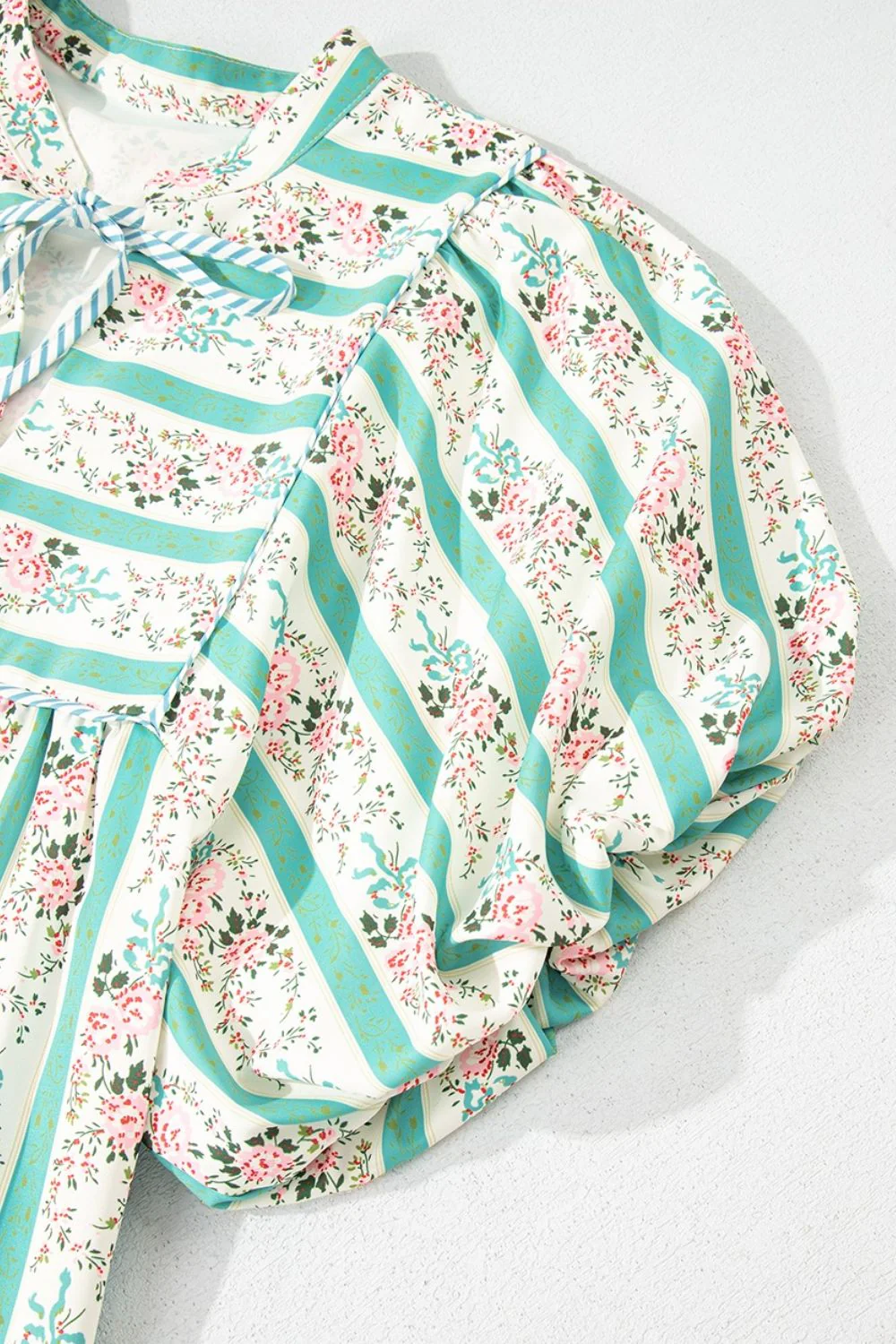 Striped Floral Print Tie Neck Puff Sleeve Midi Dress - Image 9