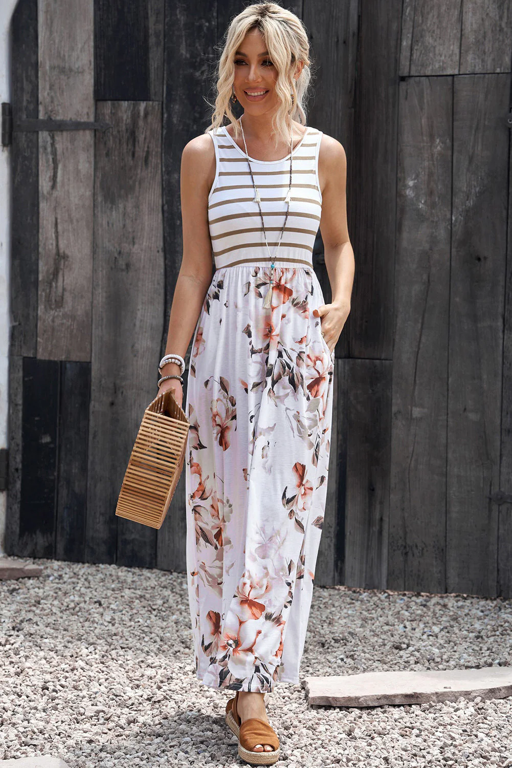 Striped Floral Round Neck Sleeveless Maxi Dress - Image 5