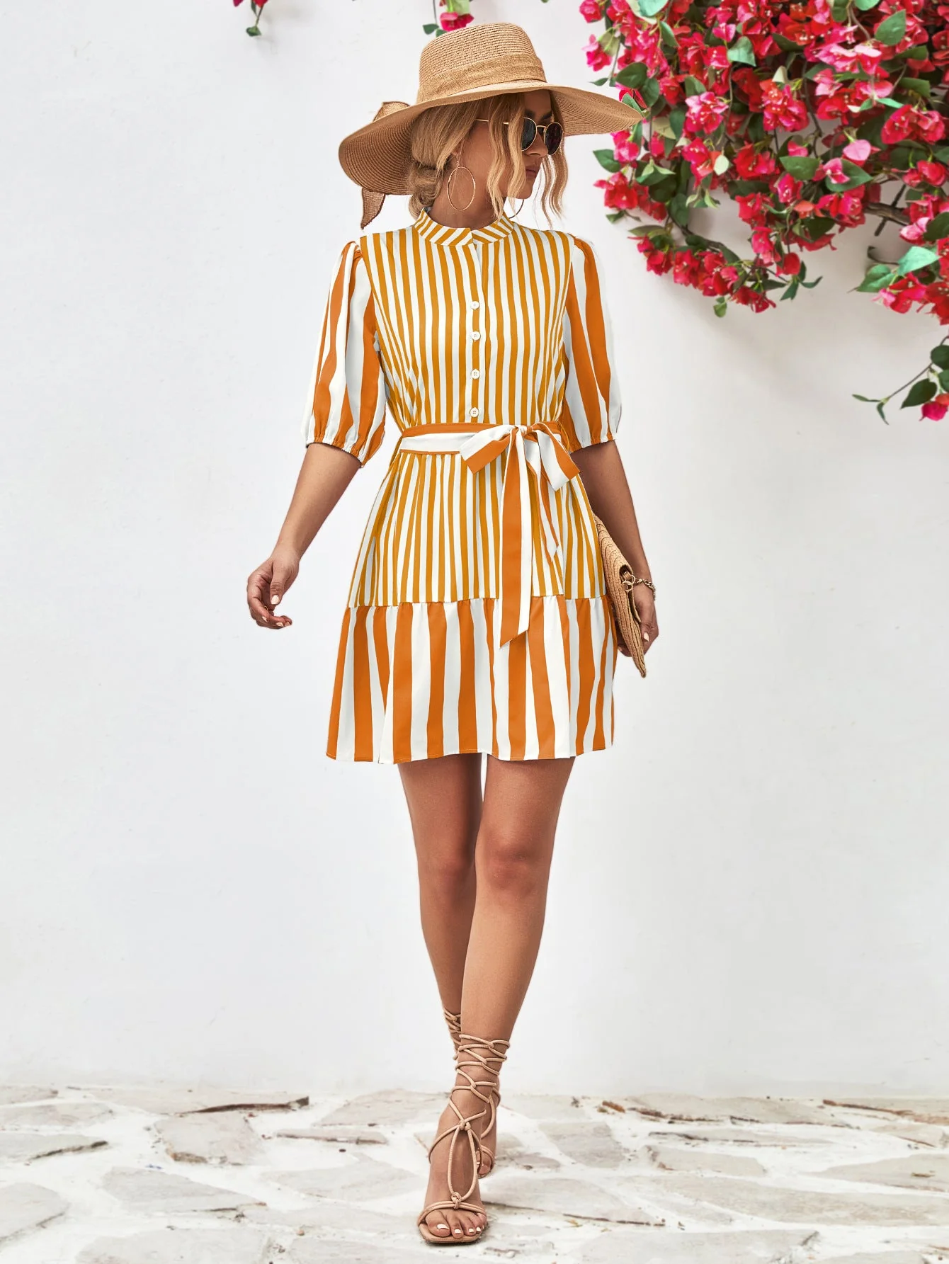 Striped Half Sleeve Tie Waist Mini Dress - Image 10