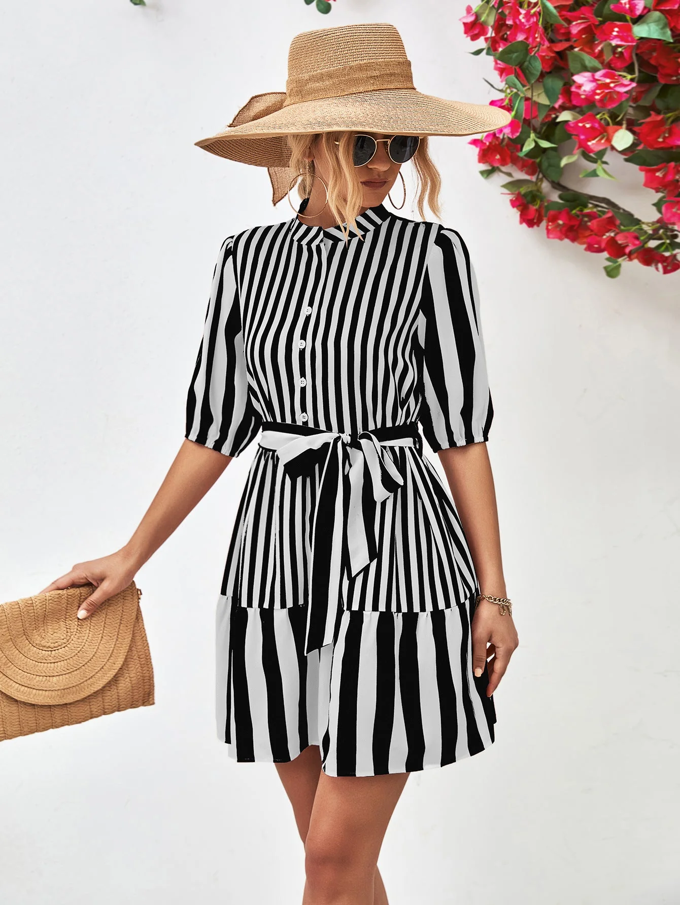 Striped Half Sleeve Tie Waist Mini Dress - Image 11