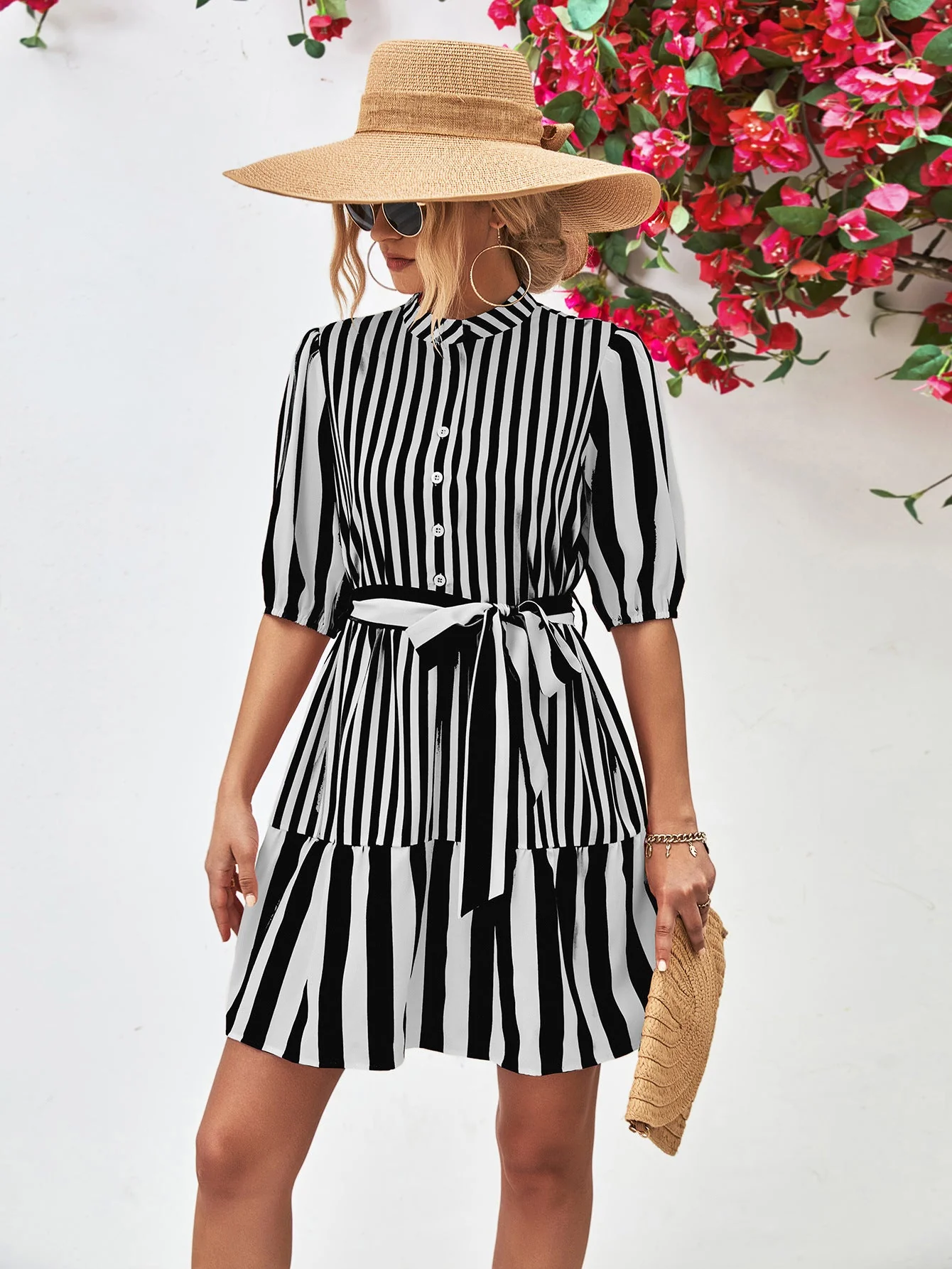 Striped Half Sleeve Tie Waist Mini Dress - Image 12