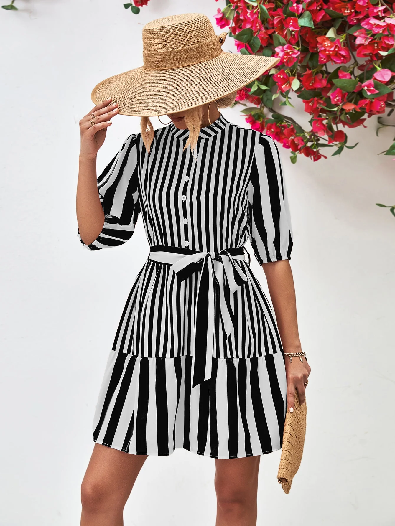 Striped Half Sleeve Tie Waist Mini Dress - Image 13