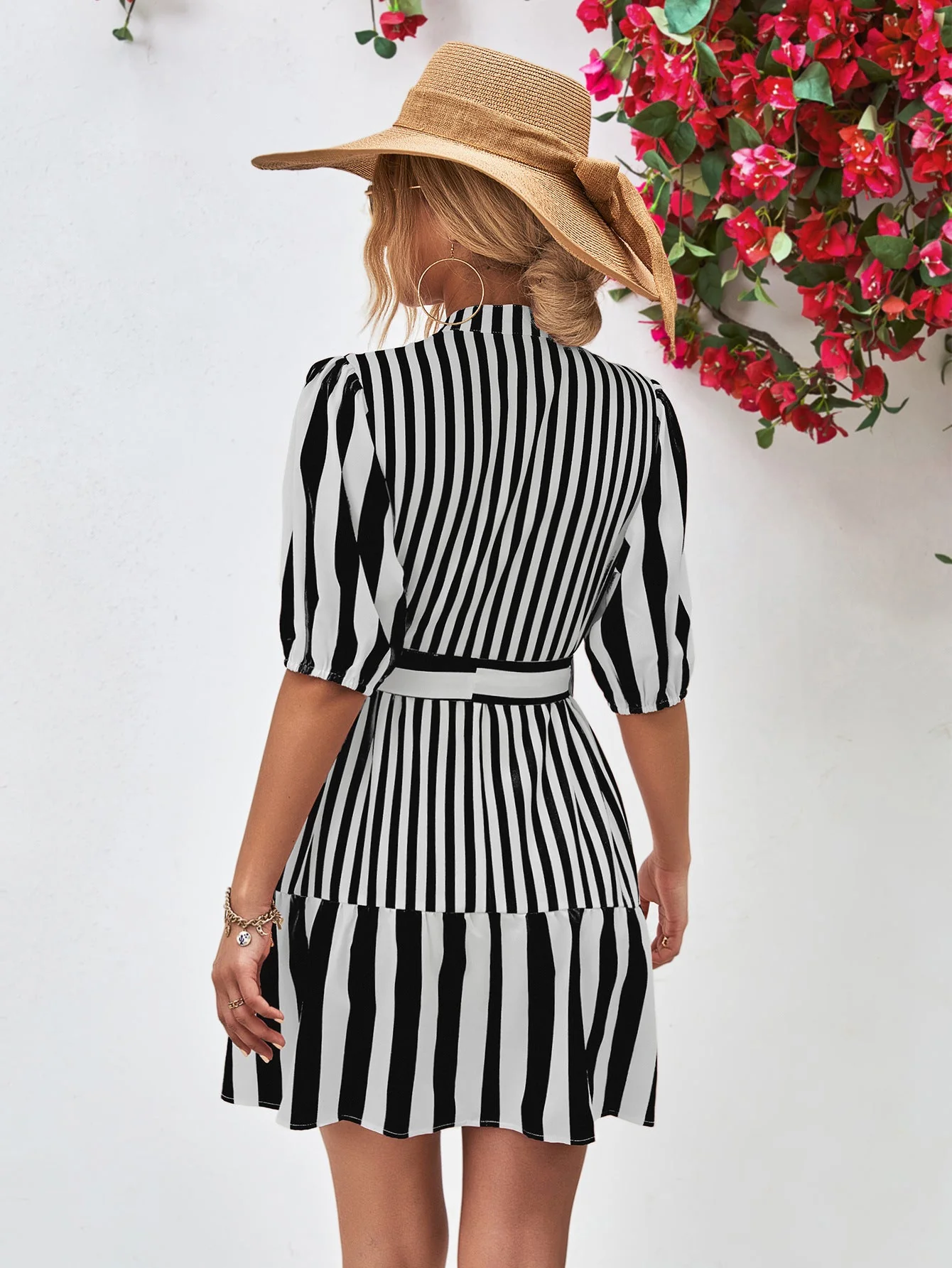 Striped Half Sleeve Tie Waist Mini Dress - Image 14