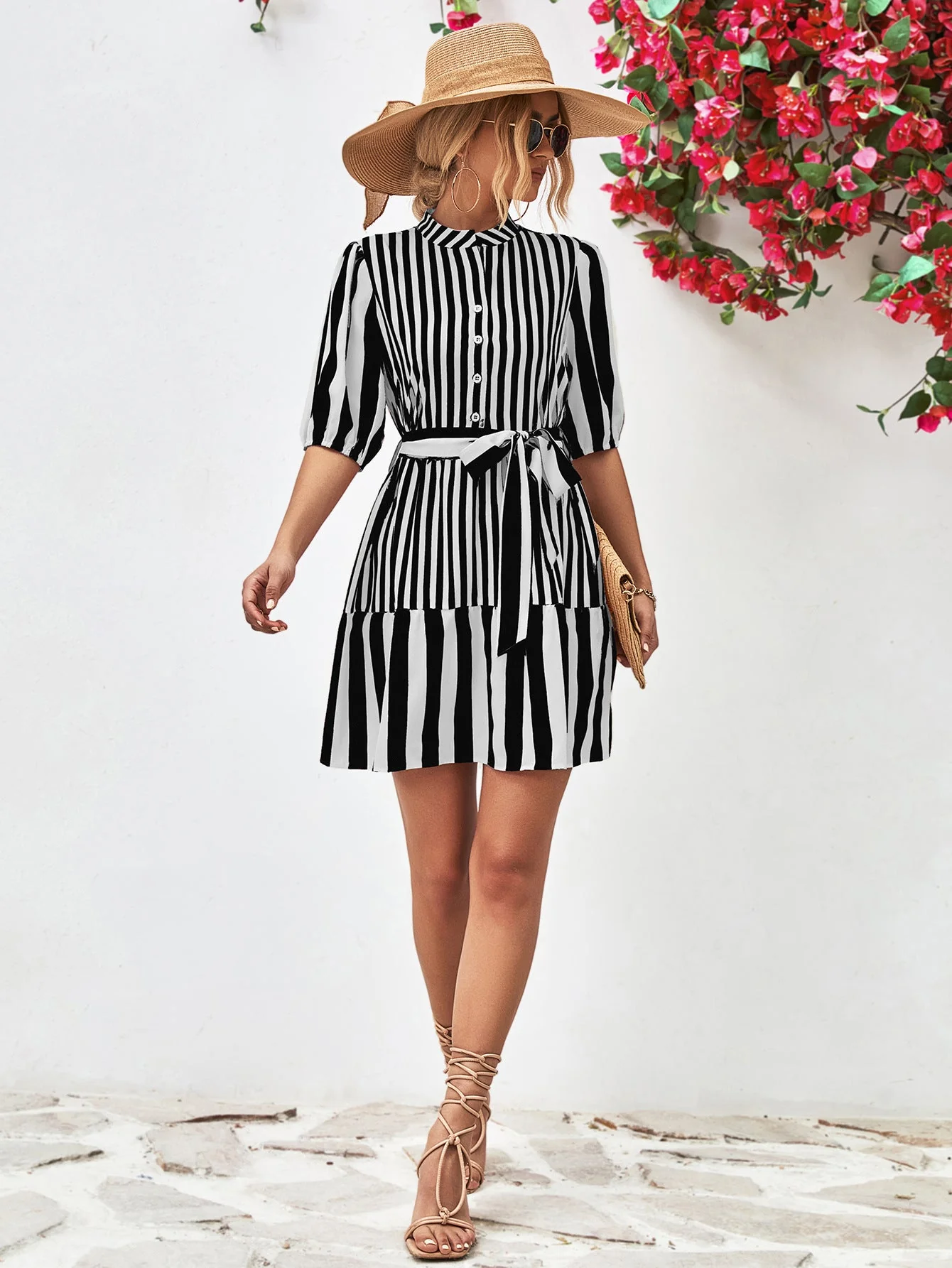 Striped Half Sleeve Tie Waist Mini Dress - Image 15