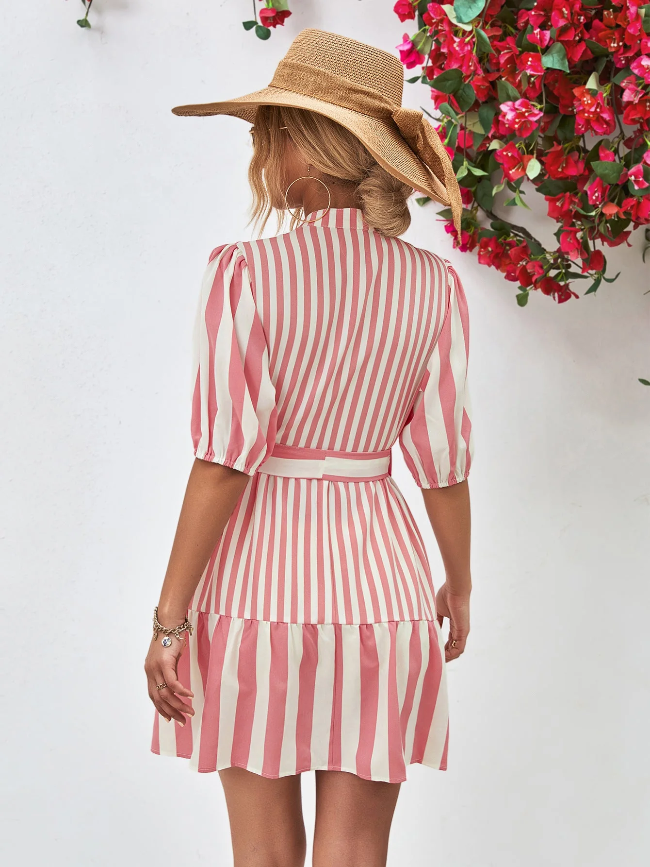 Striped Half Sleeve Tie Waist Mini Dress - Image 2