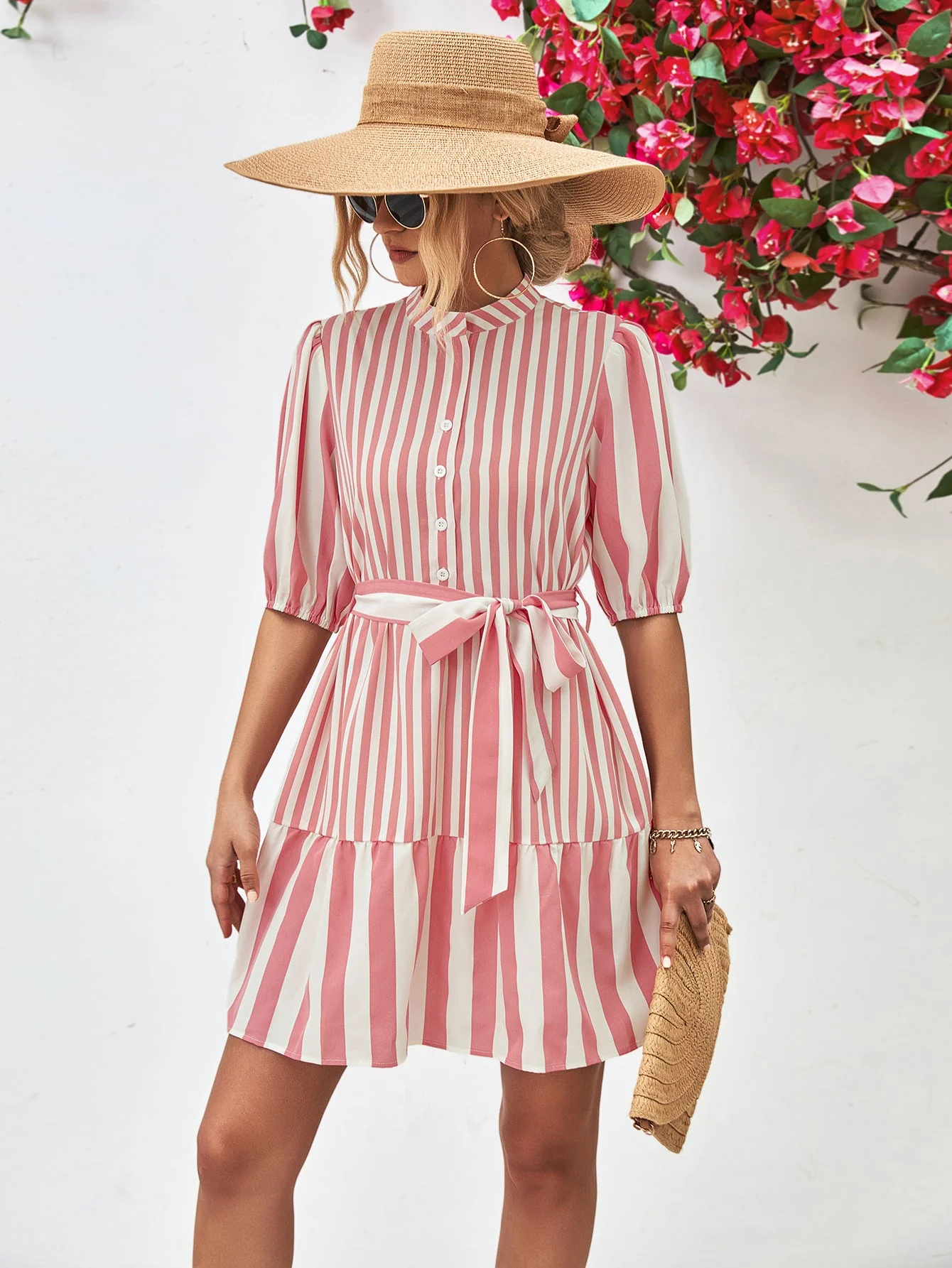 Striped Half Sleeve Tie Waist Mini Dress - Image 3