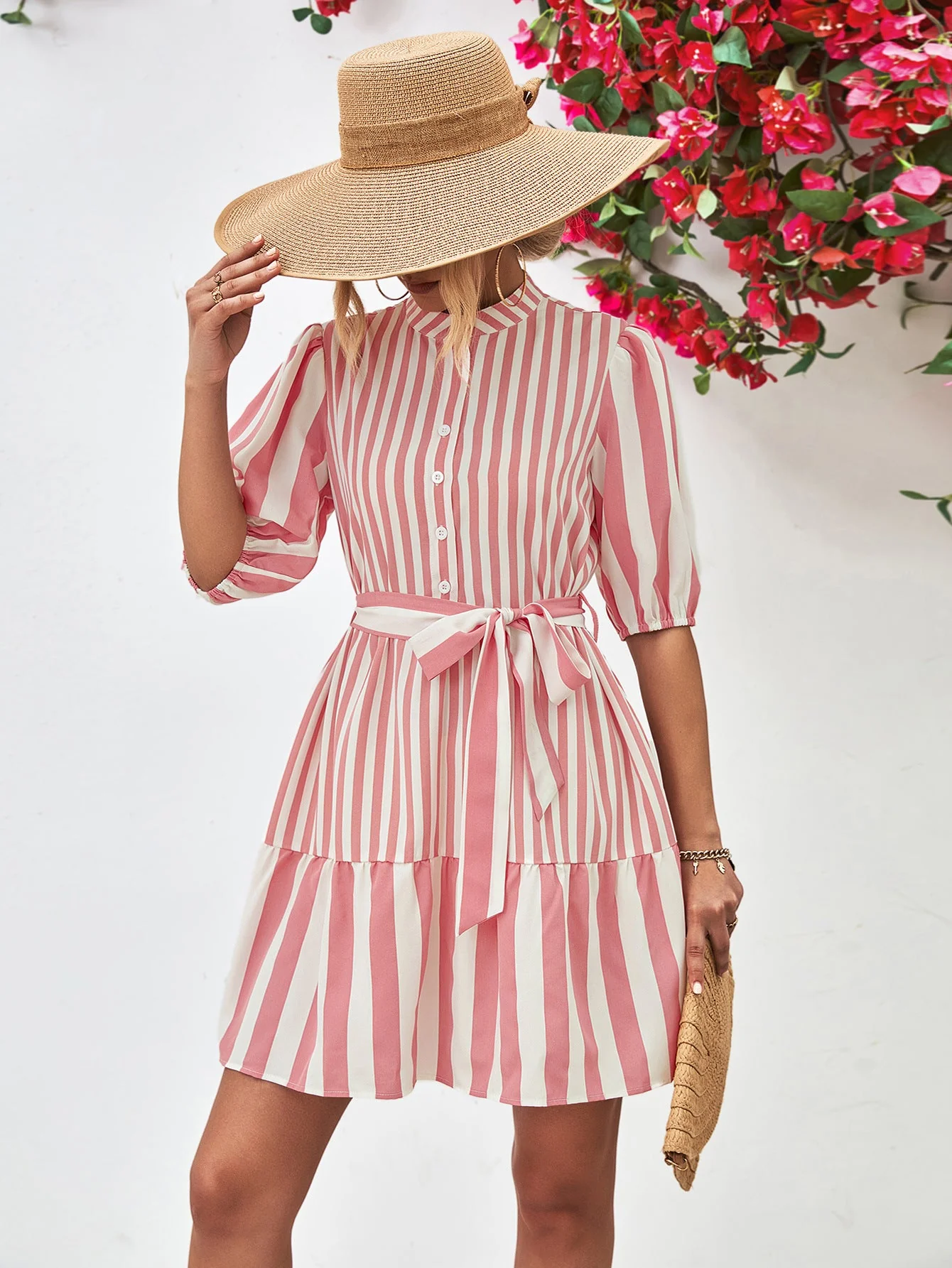 Striped Half Sleeve Tie Waist Mini Dress - Image 4