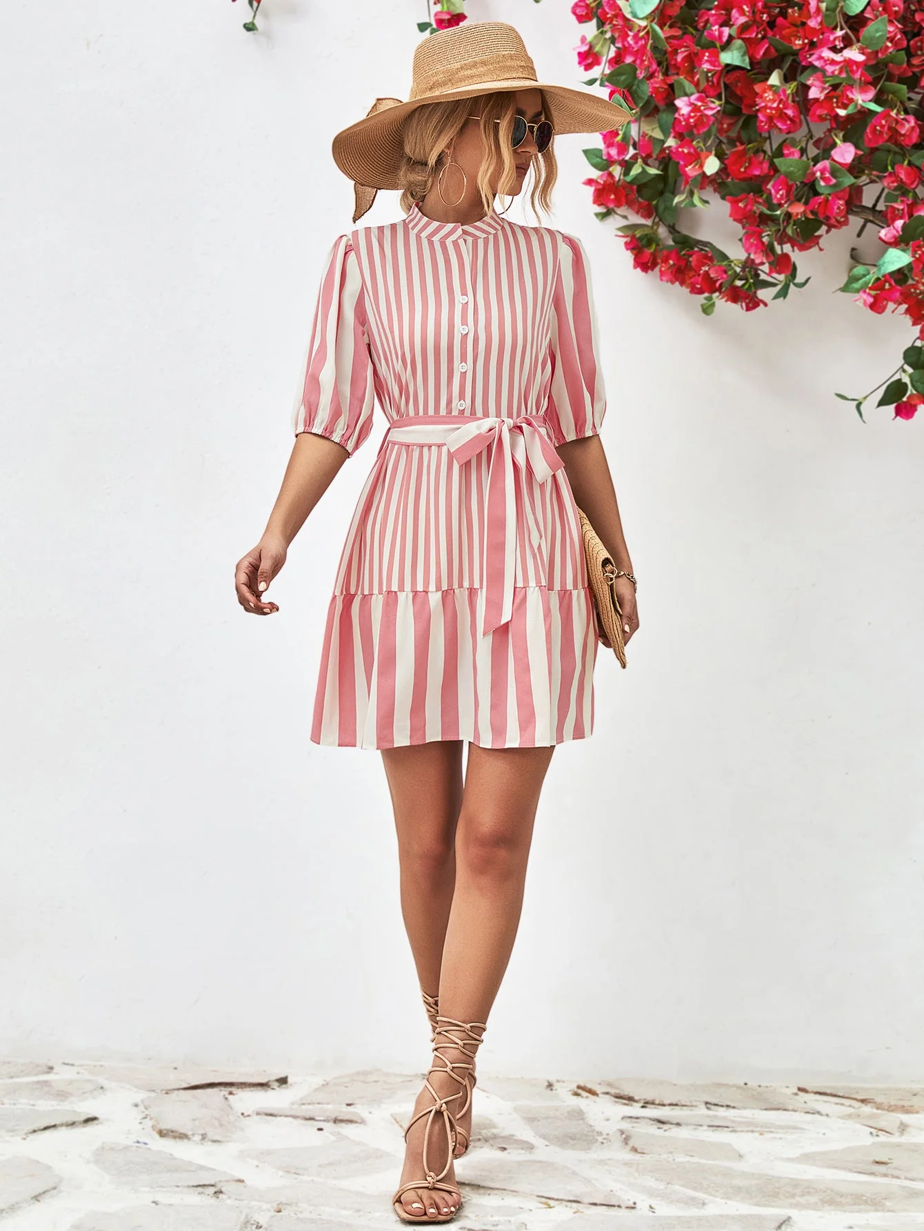 Striped Half Sleeve Tie Waist Mini Dress - Image 5