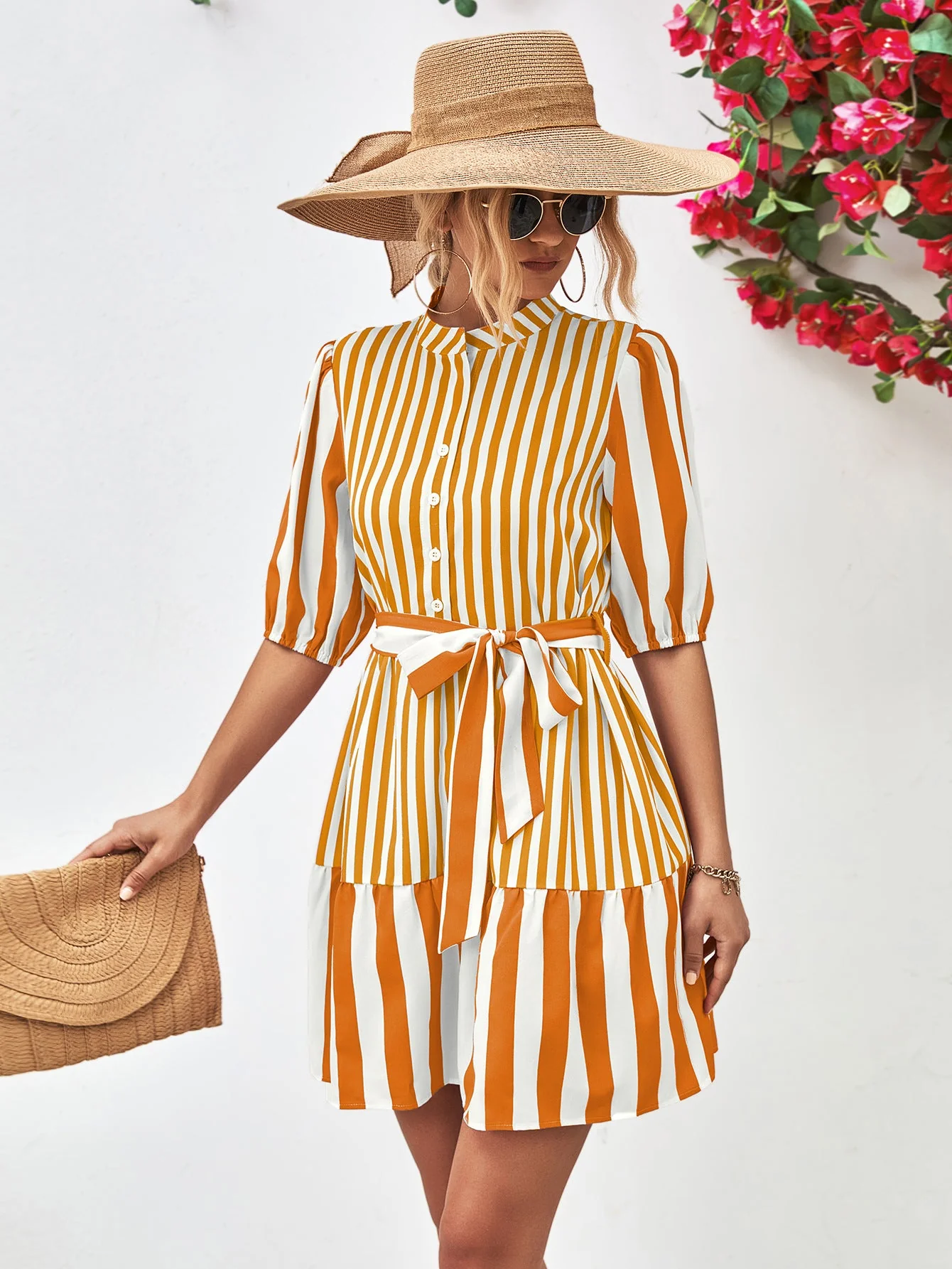 Striped Half Sleeve Tie Waist Mini Dress - Image 6