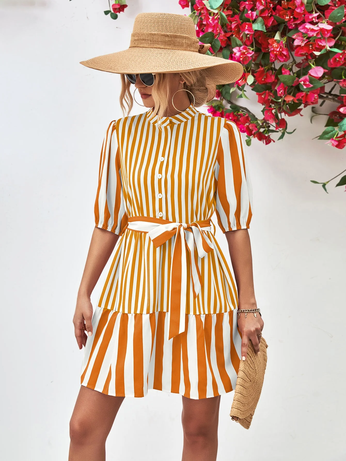 Striped Half Sleeve Tie Waist Mini Dress - Image 7