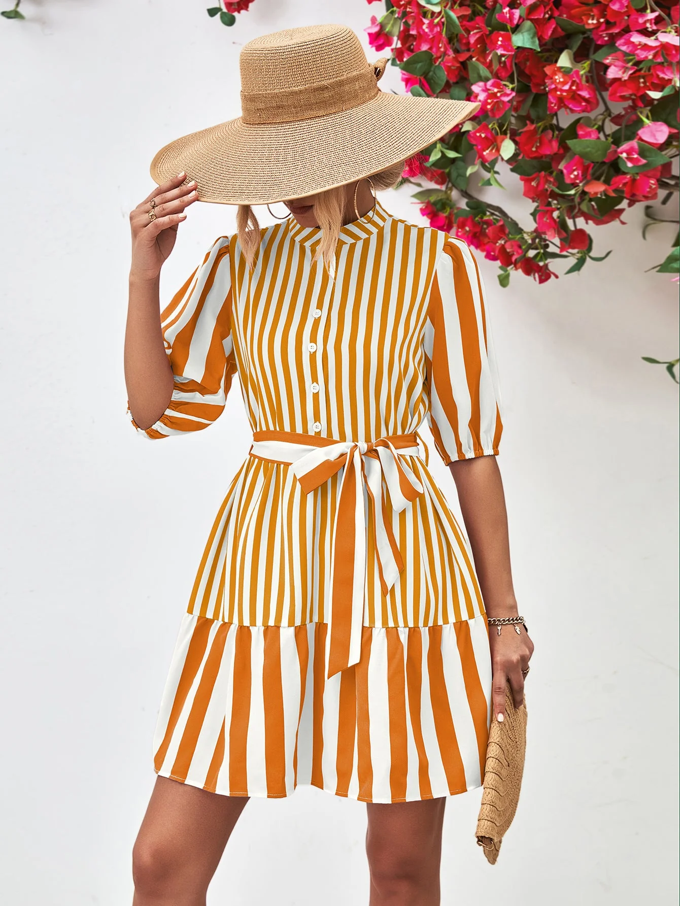 Striped Half Sleeve Tie Waist Mini Dress - Image 8