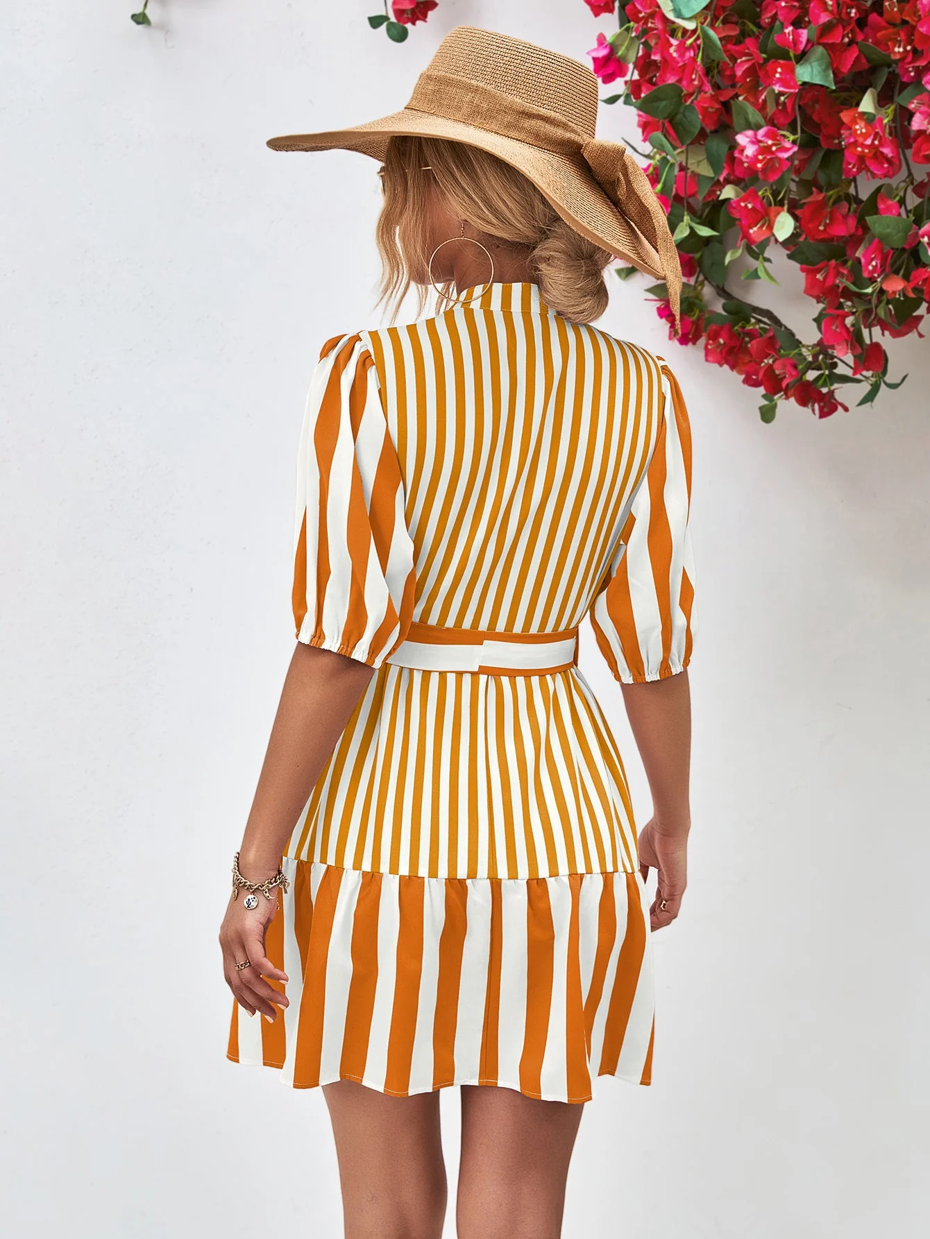 Striped Half Sleeve Tie Waist Mini Dress - Image 9