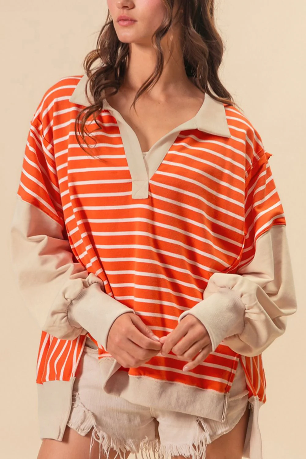 Striped Johnny Collar Long Sleeve Sweatshirt - Image 3