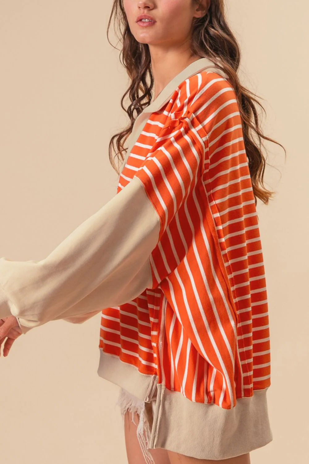 Striped Johnny Collar Long Sleeve Sweatshirt - Image 4