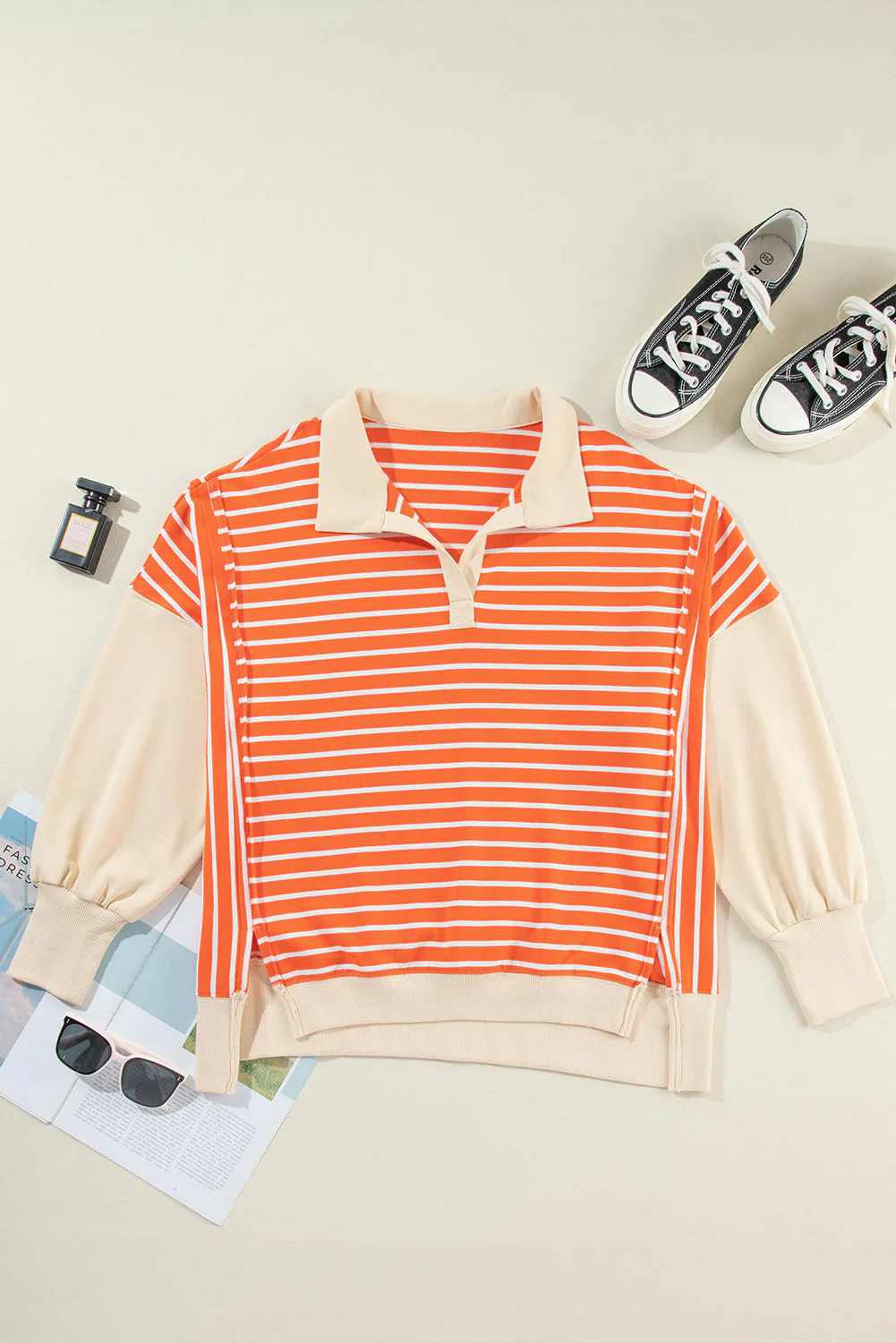 Striped Johnny Collar Long Sleeve Sweatshirt - Image 5