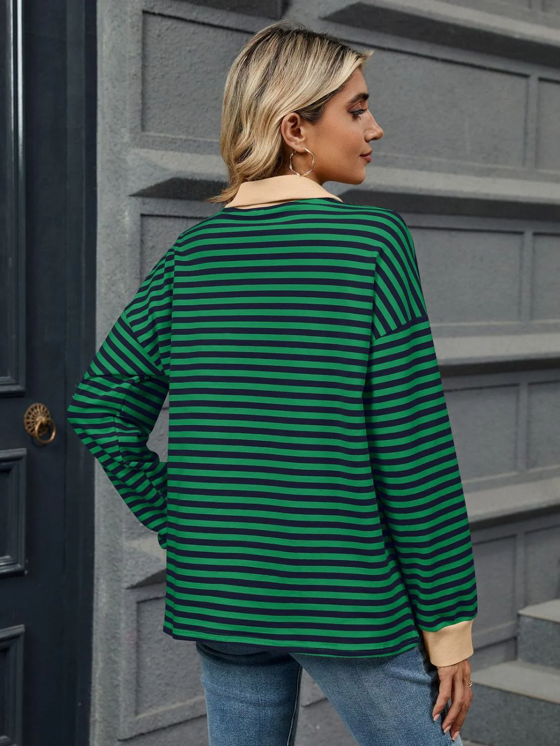 Striped Johnny Collar Long Sleeve Sweatshirt - Image 13
