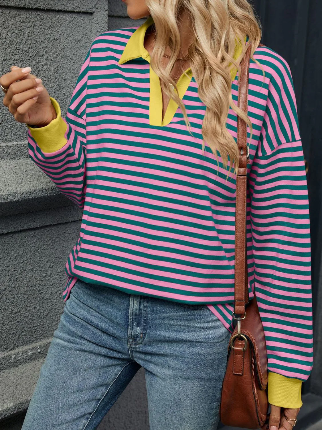 Striped Johnny Collar Long Sleeve Sweatshirt - Image 14