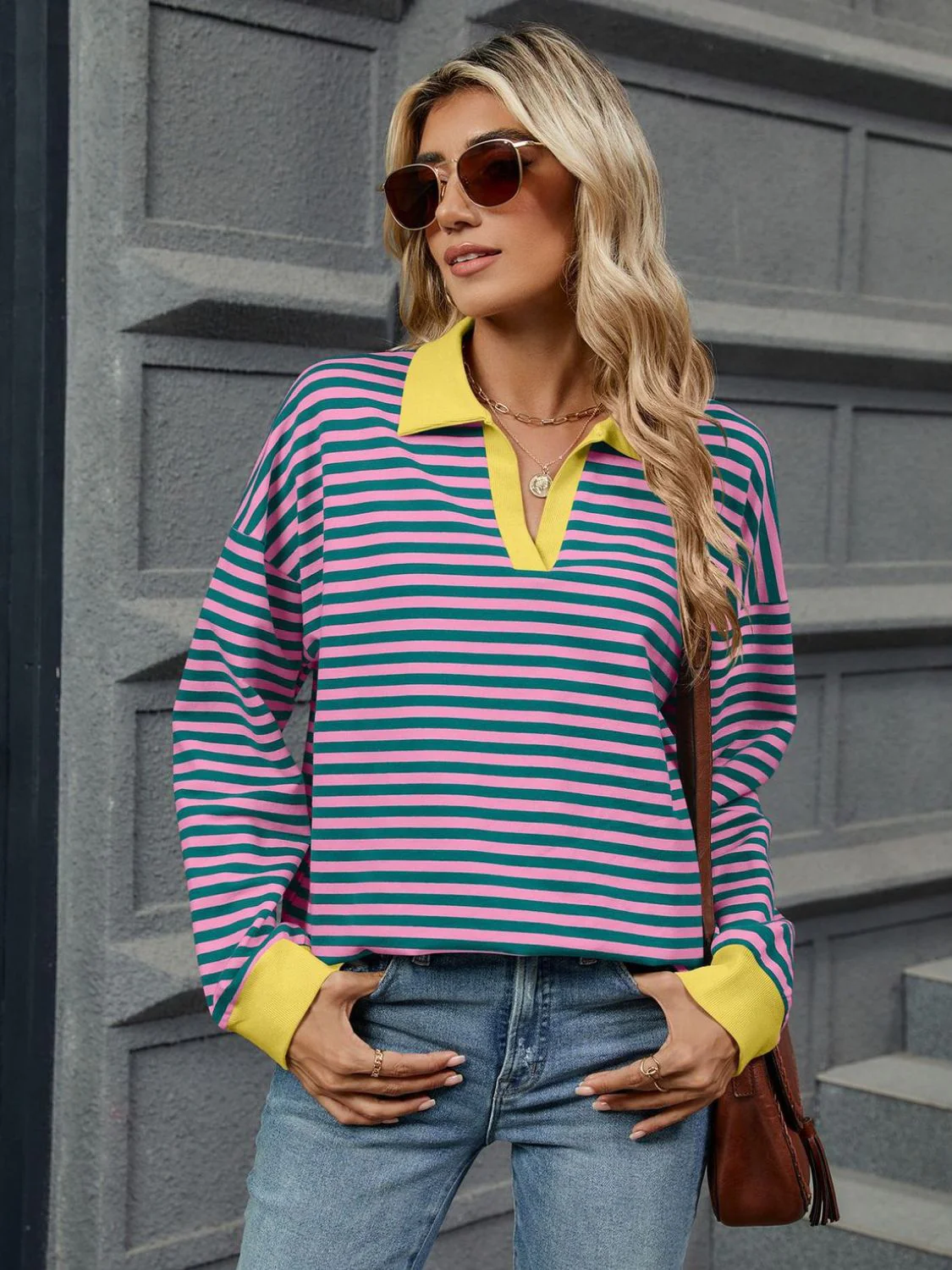 Striped Johnny Collar Long Sleeve Sweatshirt - Image 16