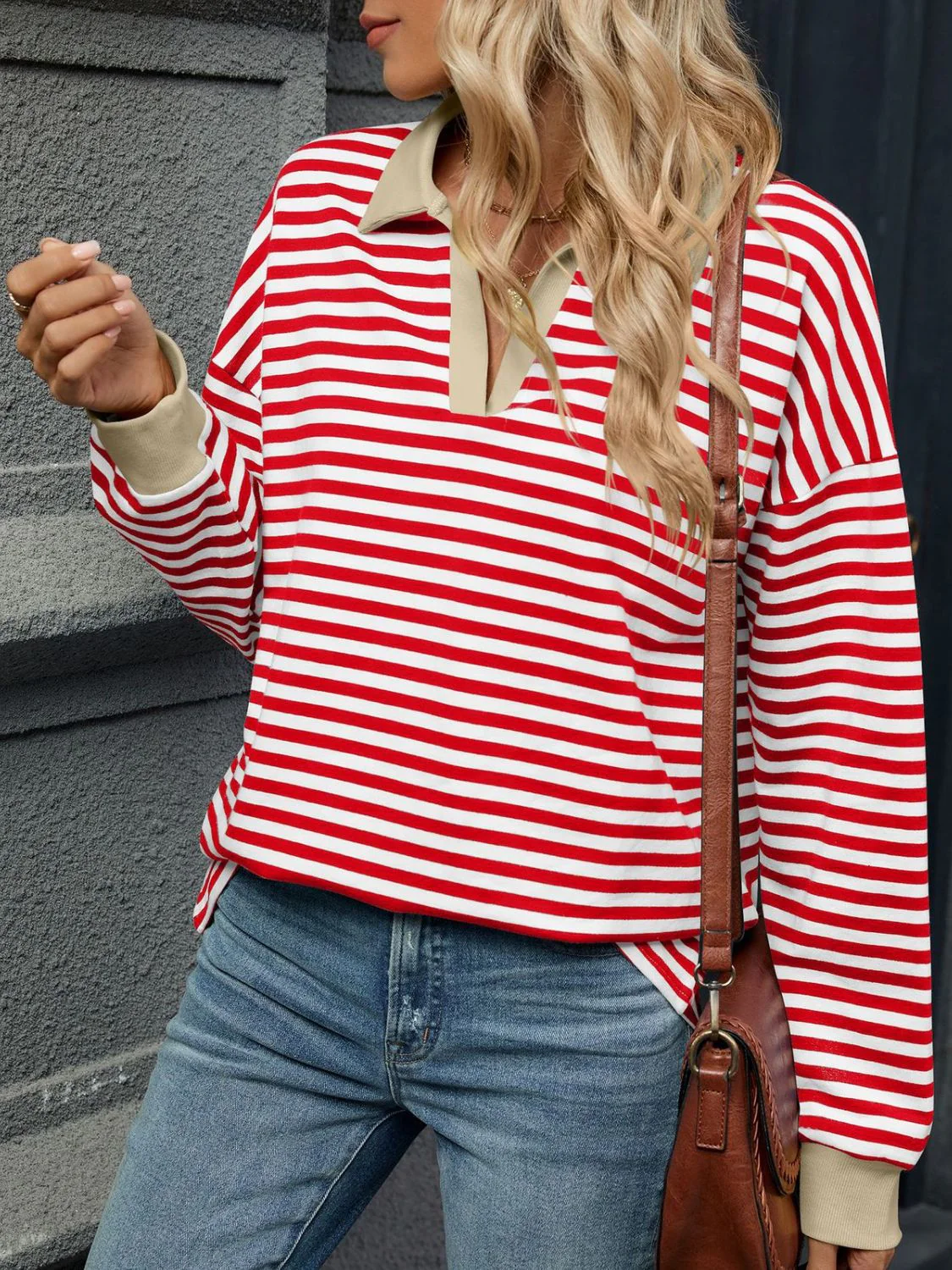 Striped Johnny Collar Long Sleeve Sweatshirt - Image 2