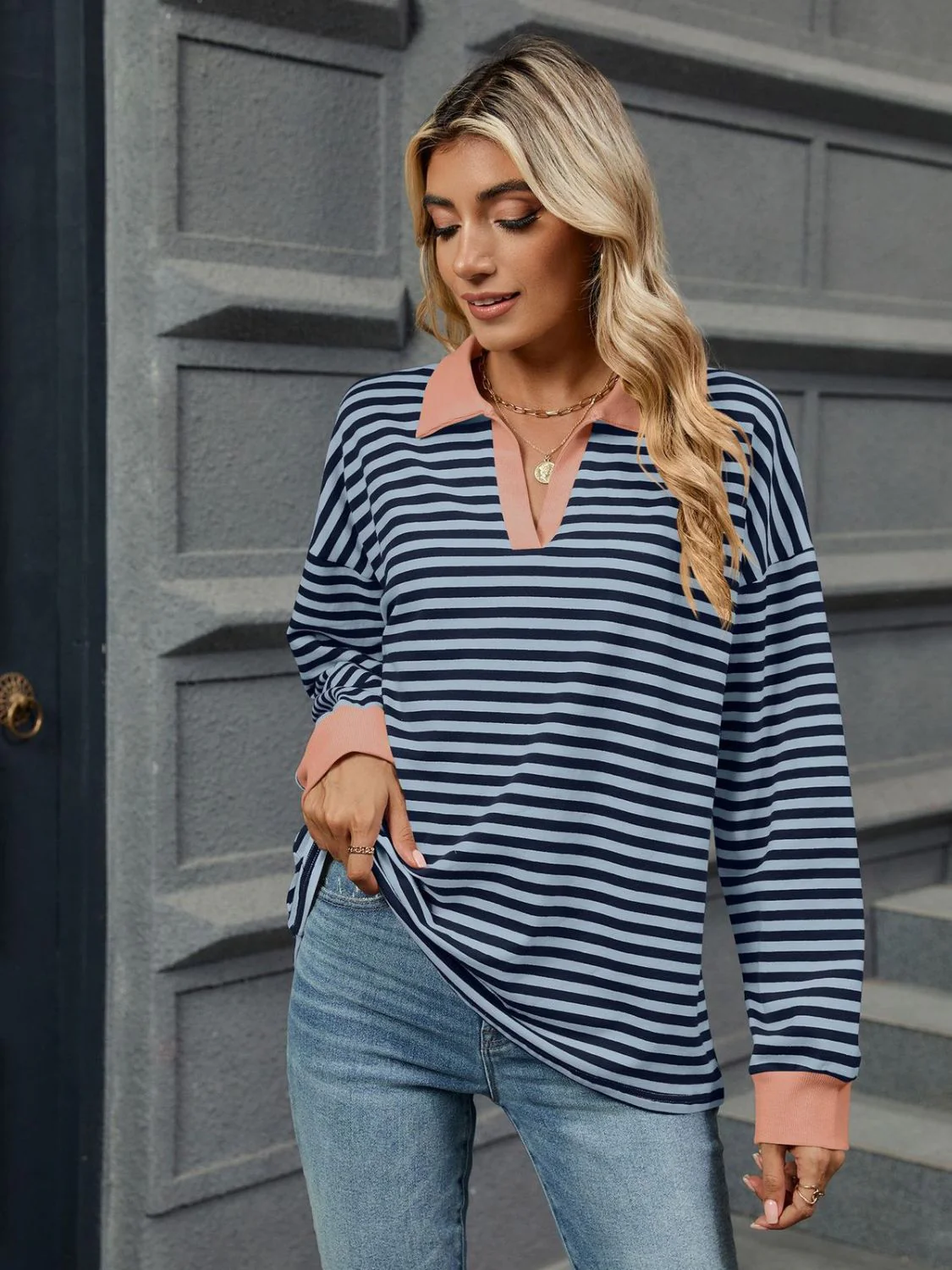 Striped Johnny Collar Long Sleeve Sweatshirt - Image 25