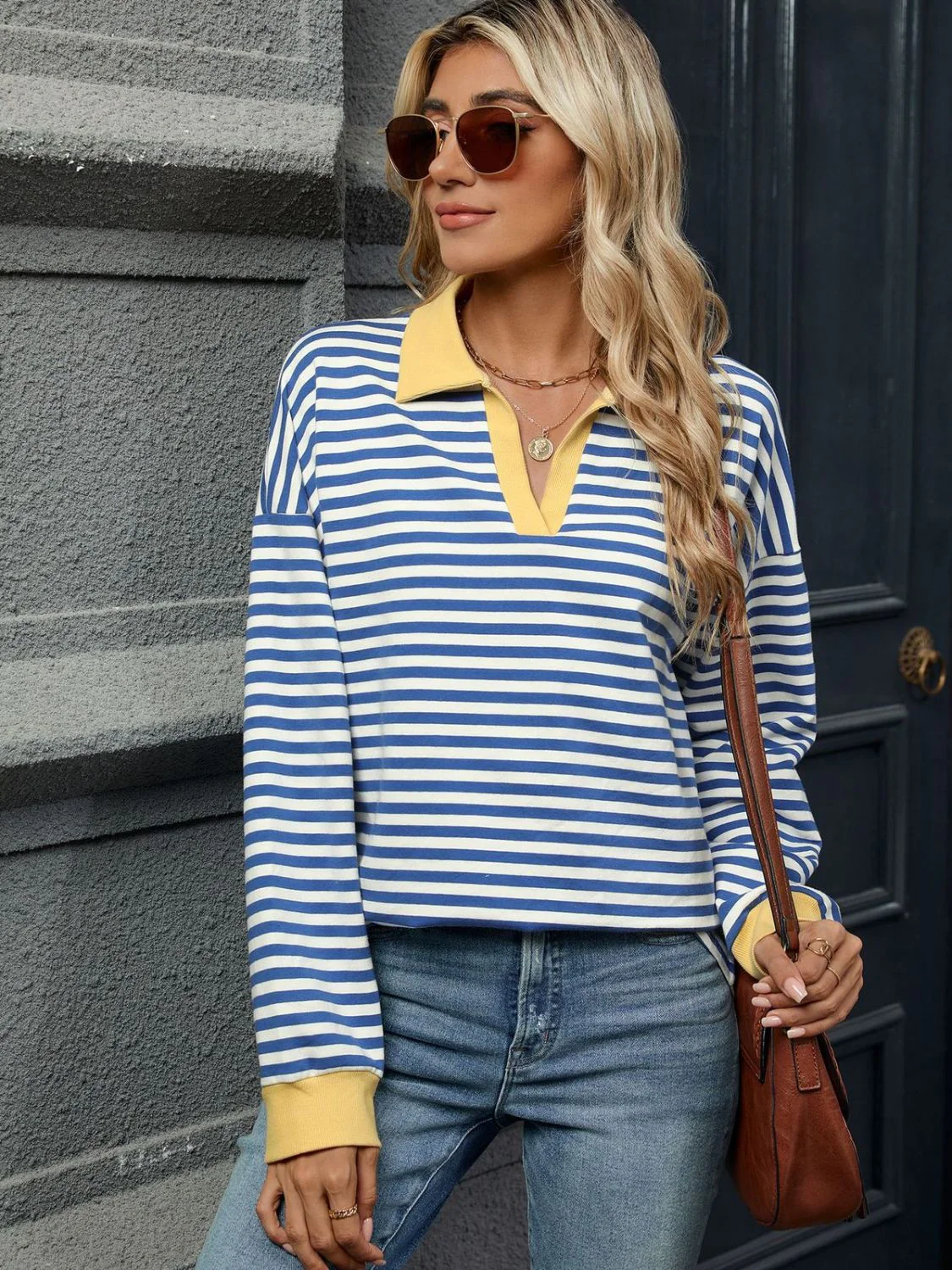 Striped Johnny Collar Long Sleeve Sweatshirt - Image 28