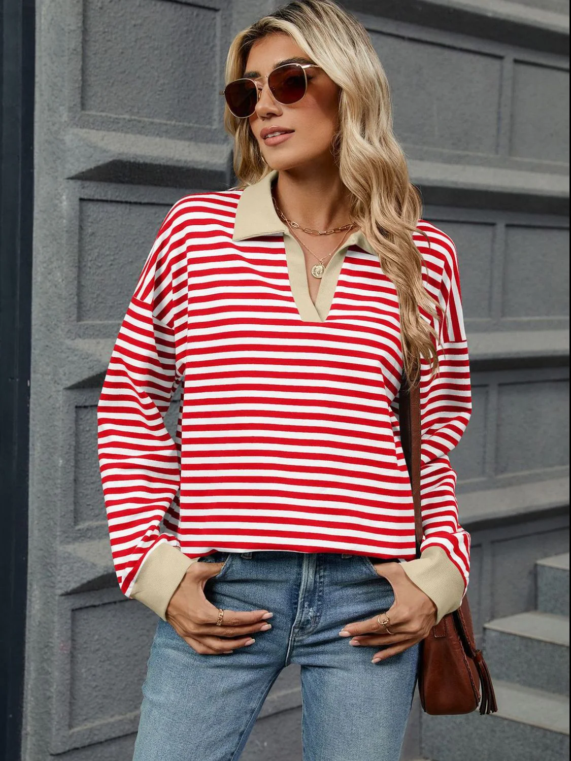 Striped Johnny Collar Long Sleeve Sweatshirt - Image 3