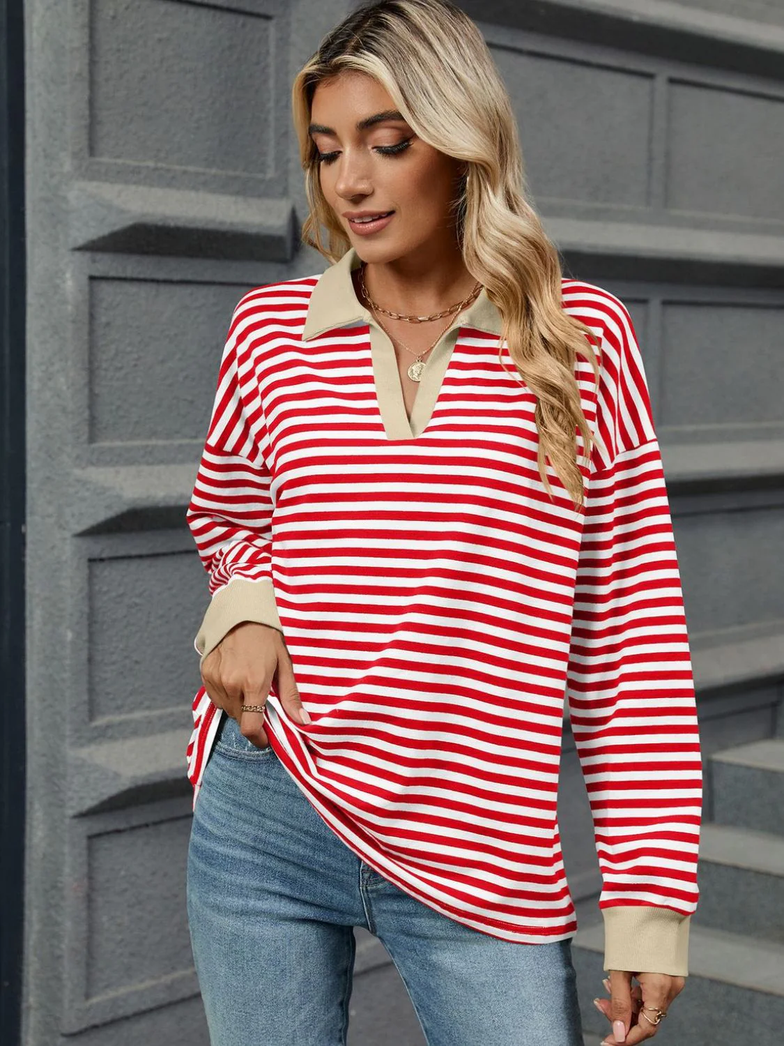 Striped Johnny Collar Long Sleeve Sweatshirt - Image 4