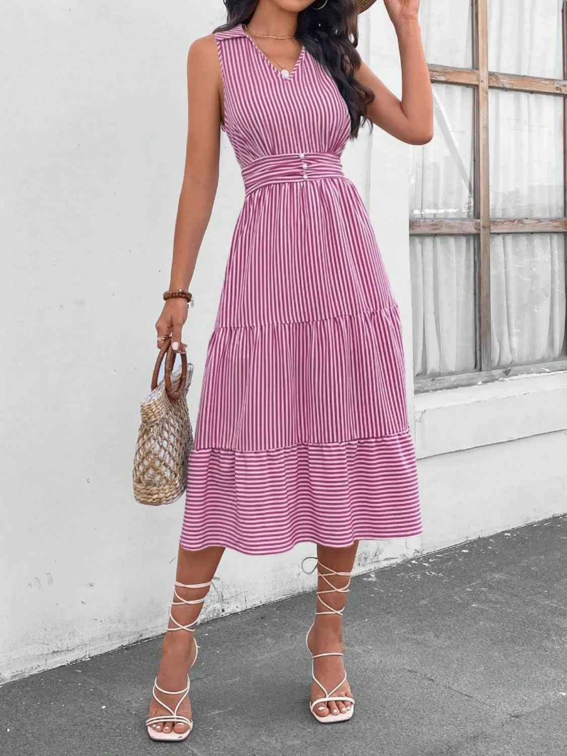 Striped Johnny Collar Sleeveless Midi Dress - Image 10