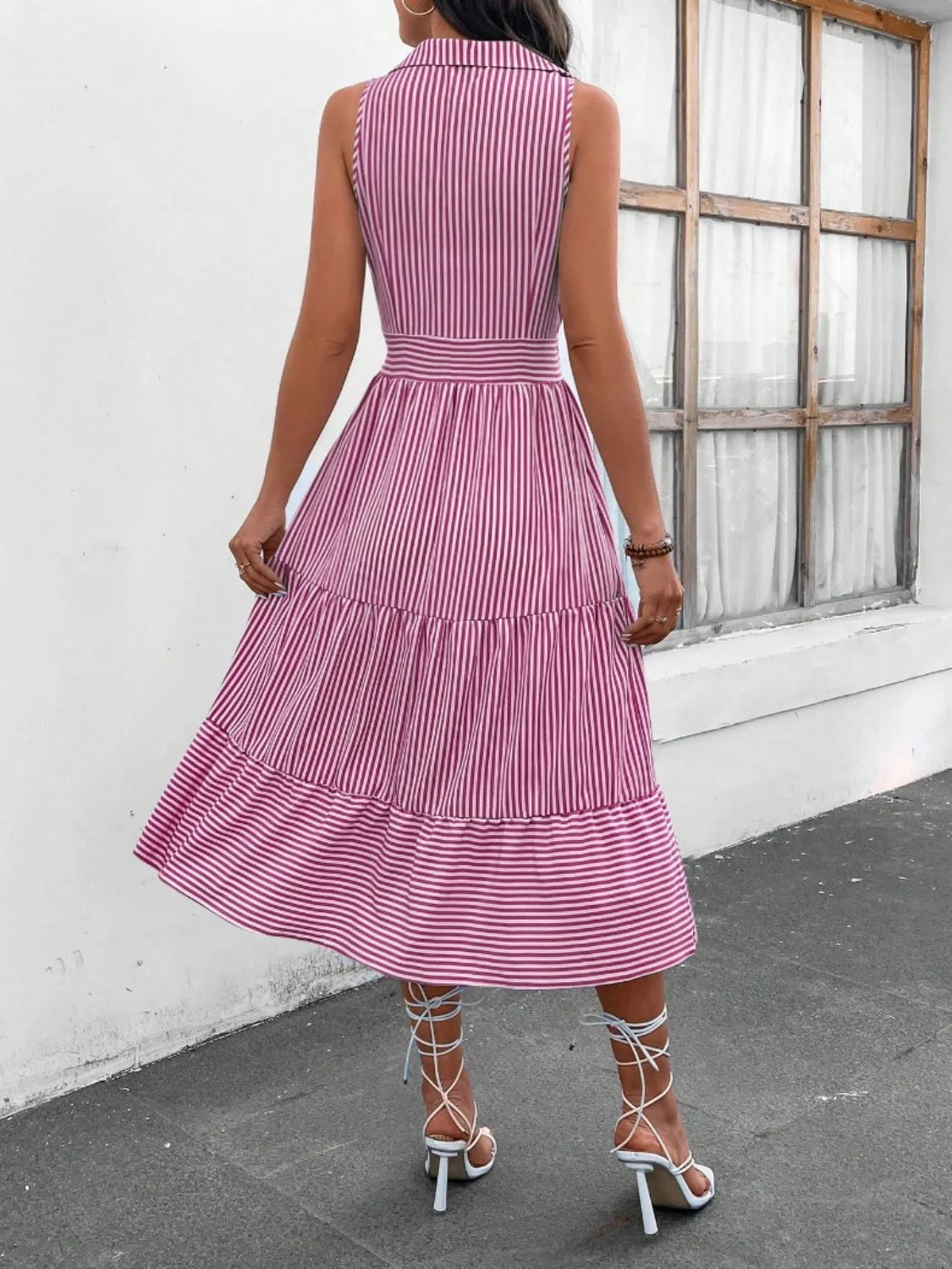 Striped Johnny Collar Sleeveless Midi Dress - Image 11